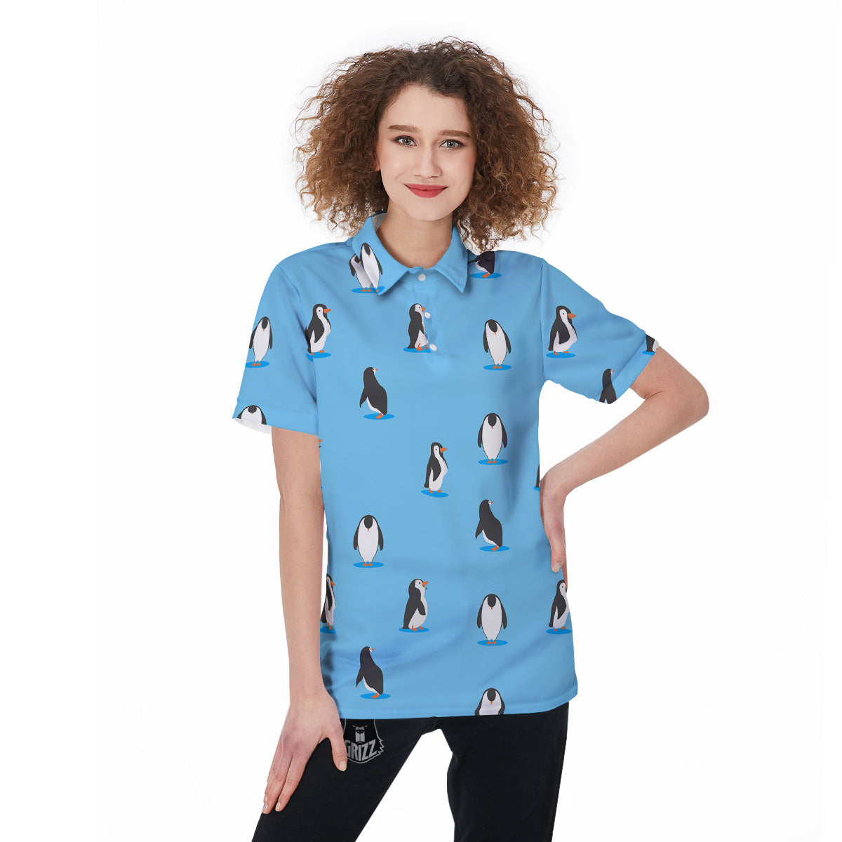 Blue Cute Penguin Print Pattern Women's Golf Shirts-grizzshop