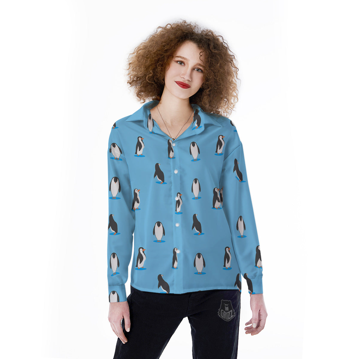Blue Cute Penguin Print Pattern Women's Long Sleeve Shirts-grizzshop
