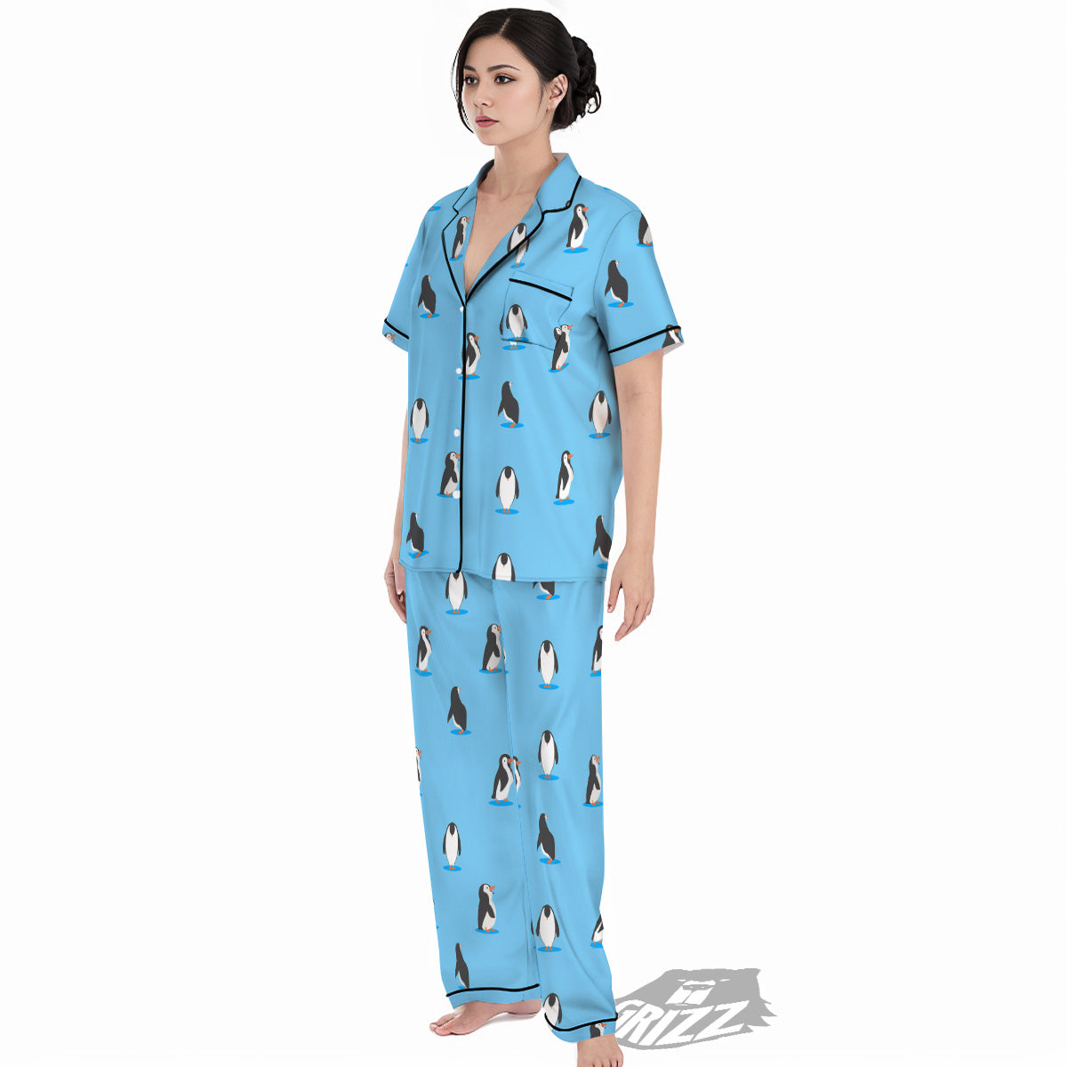 Blue Cute Penguin Print Pattern Women's Pajamas Set-grizzshop
