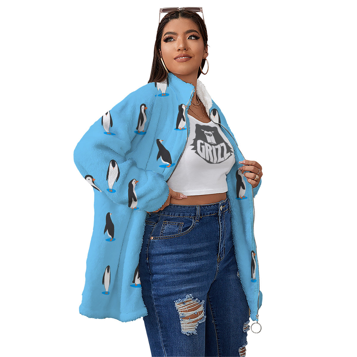 Blue Cute Penguin Print Pattern Women's Sherpa Jacket-grizzshop