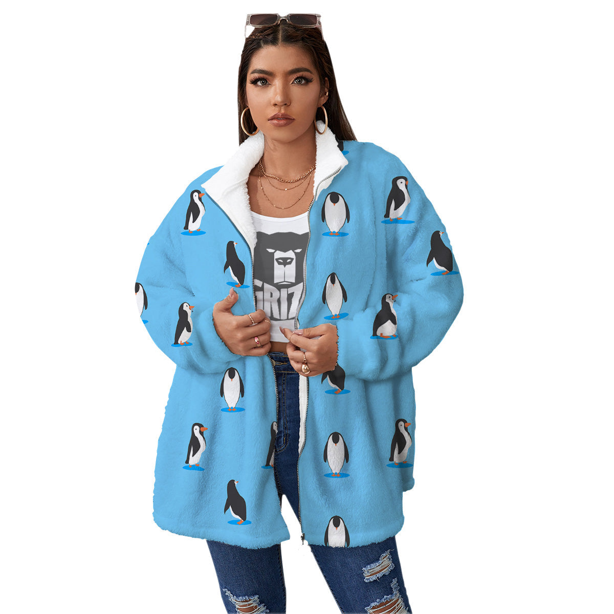 Blue Cute Penguin Print Pattern Women's Sherpa Jacket-grizzshop