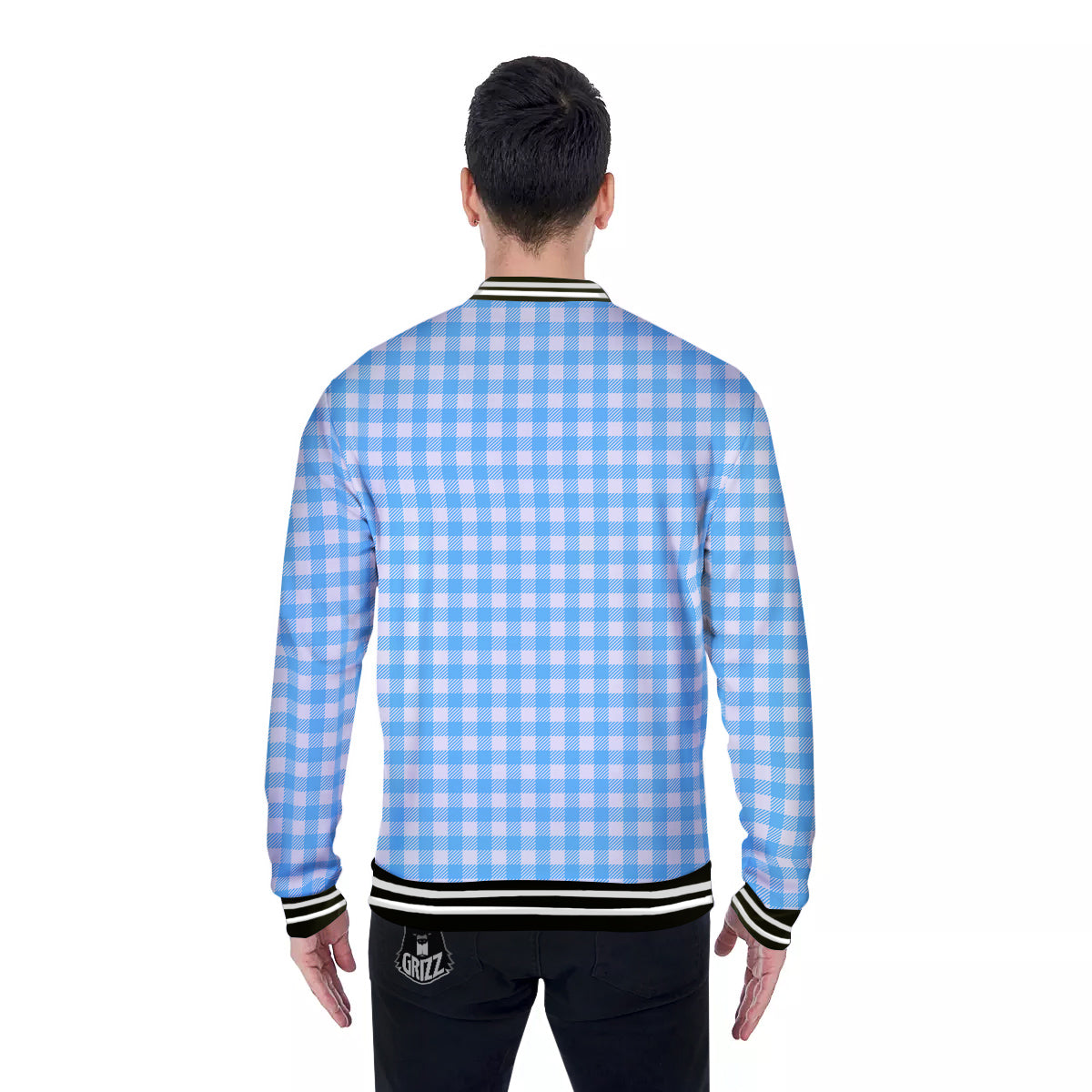 Blue Cyan And White Gingham Print Baseball Jacket-grizzshop