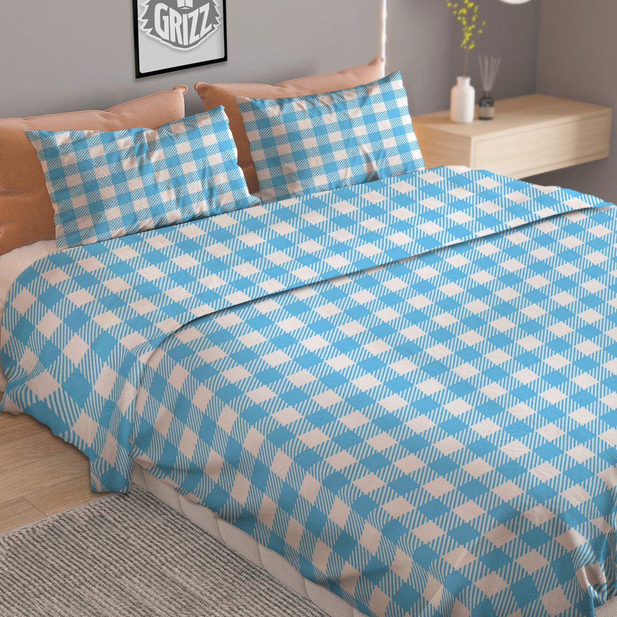Blue Cyan And White Gingham Print Duvet Cover Bedding Set