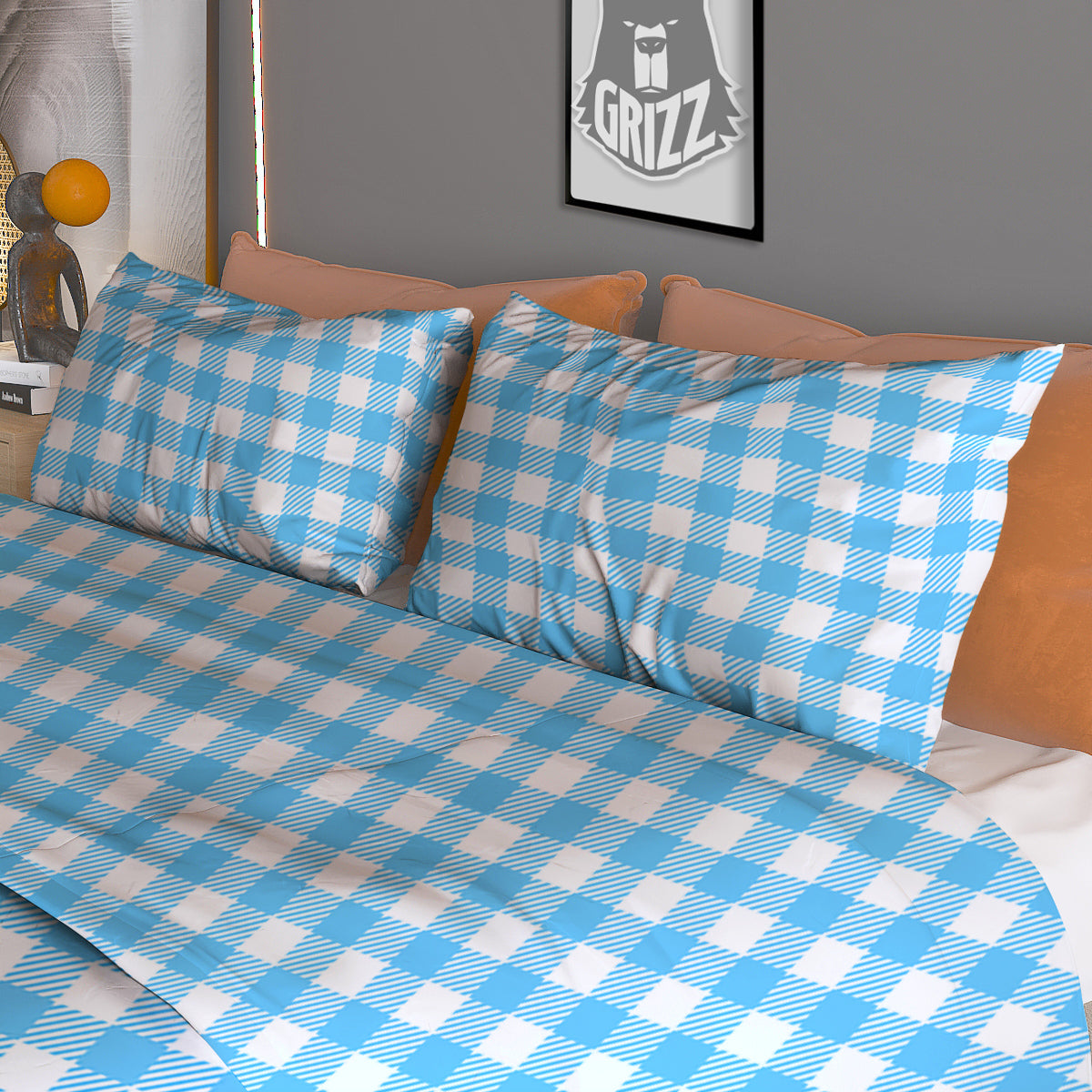 Blue Cyan And White Gingham Print Duvet Cover Bedding Set