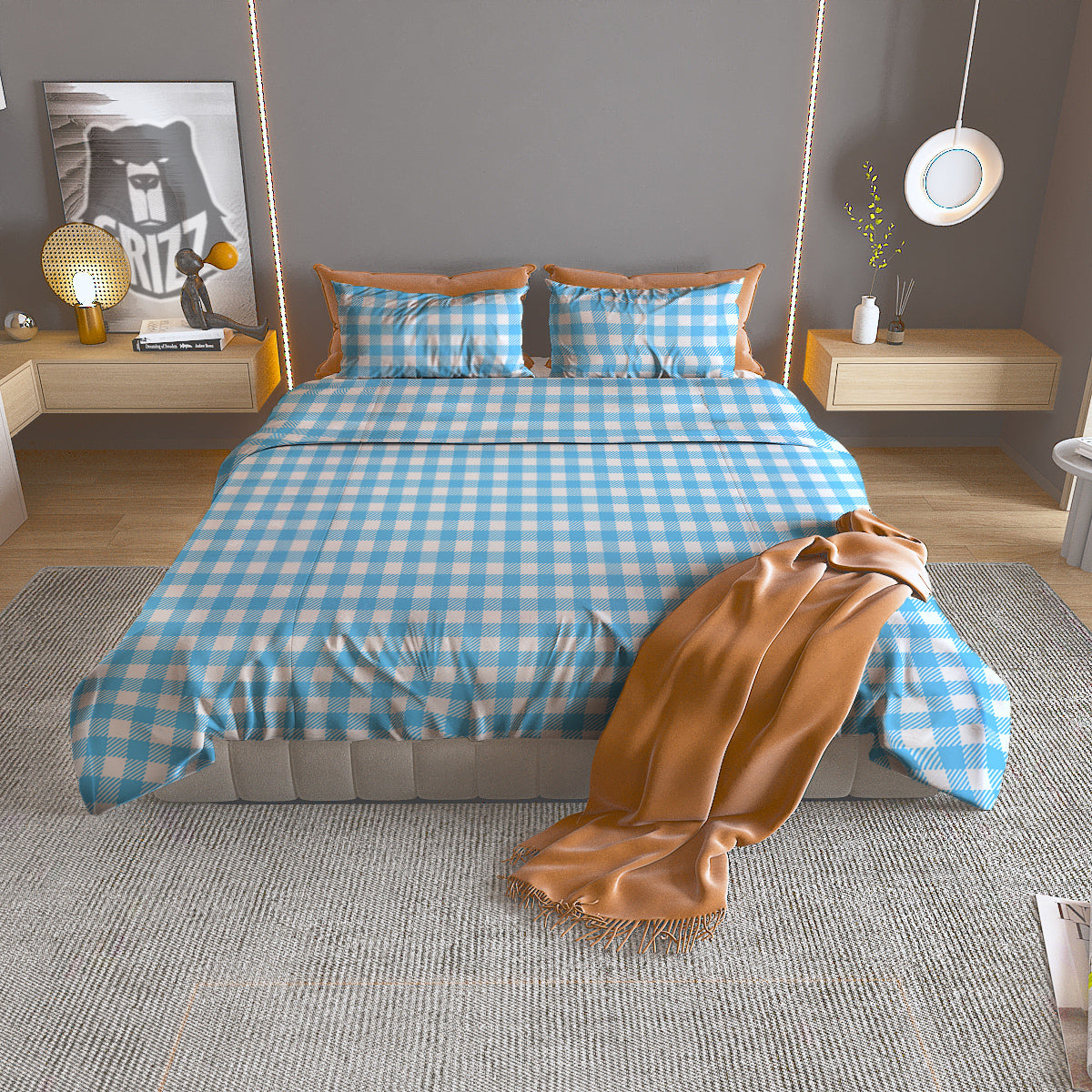 Blue Cyan And White Gingham Print Duvet Cover Bedding Set