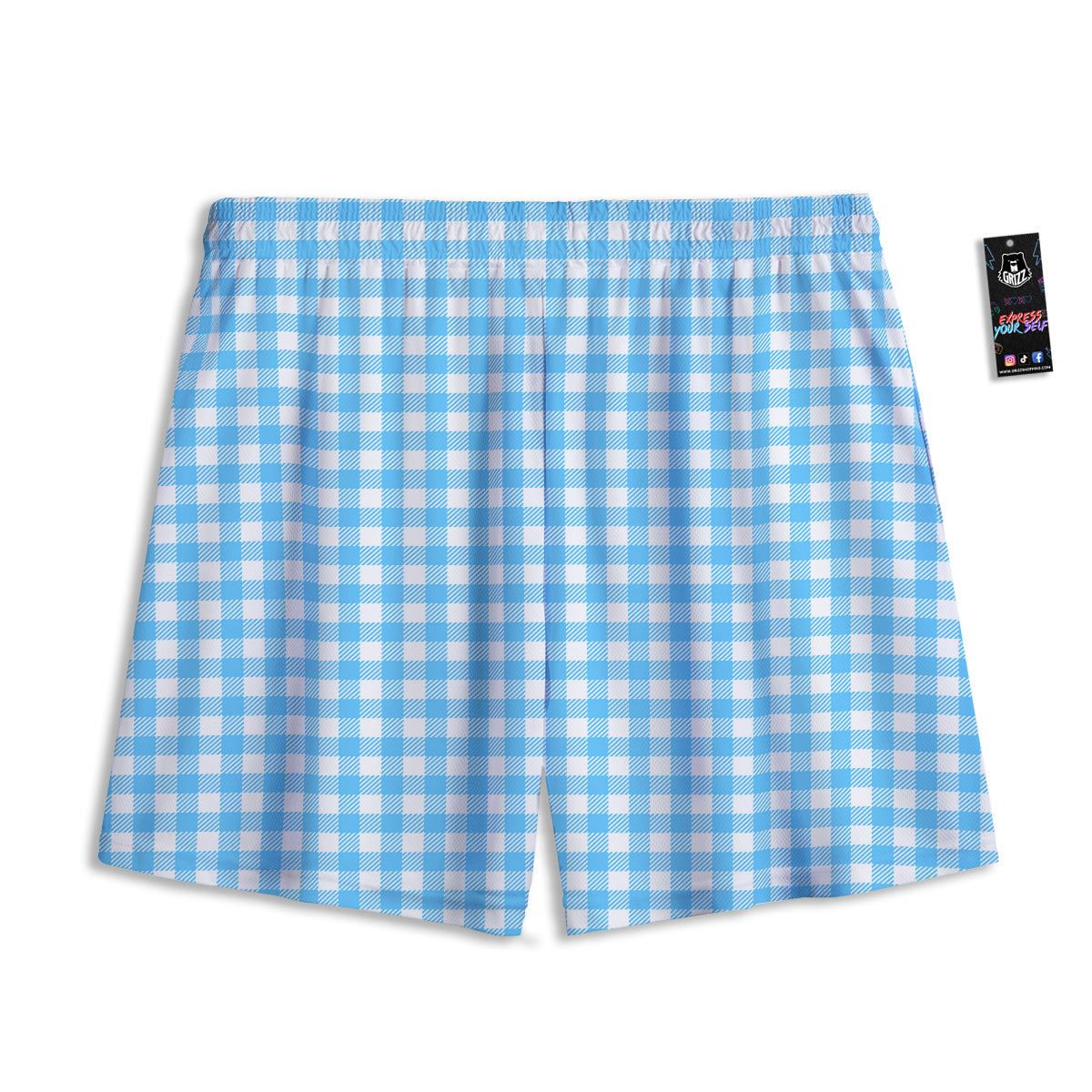Blue Cyan And White Gingham Print Mesh Shorts