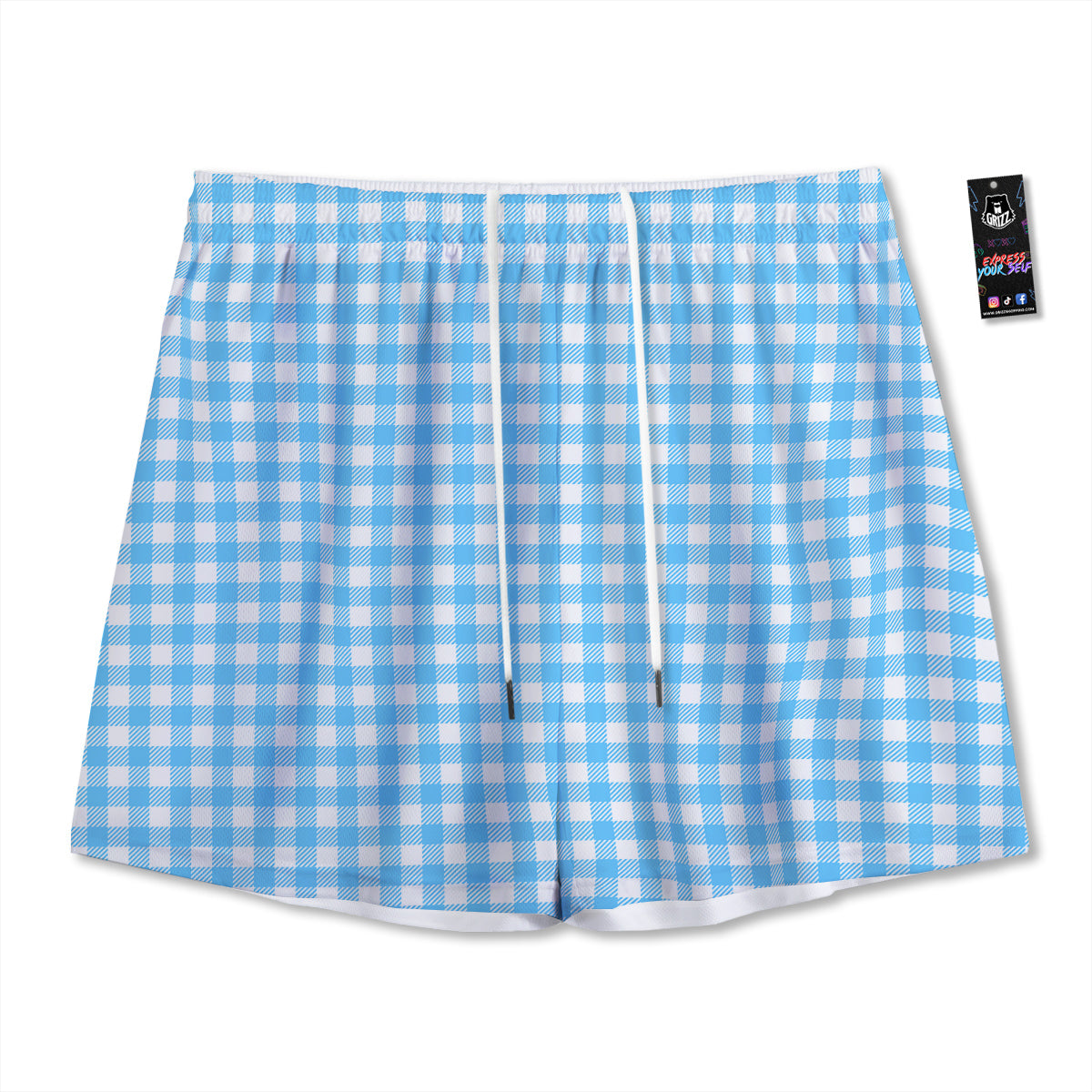Blue Cyan And White Gingham Print Mesh Shorts