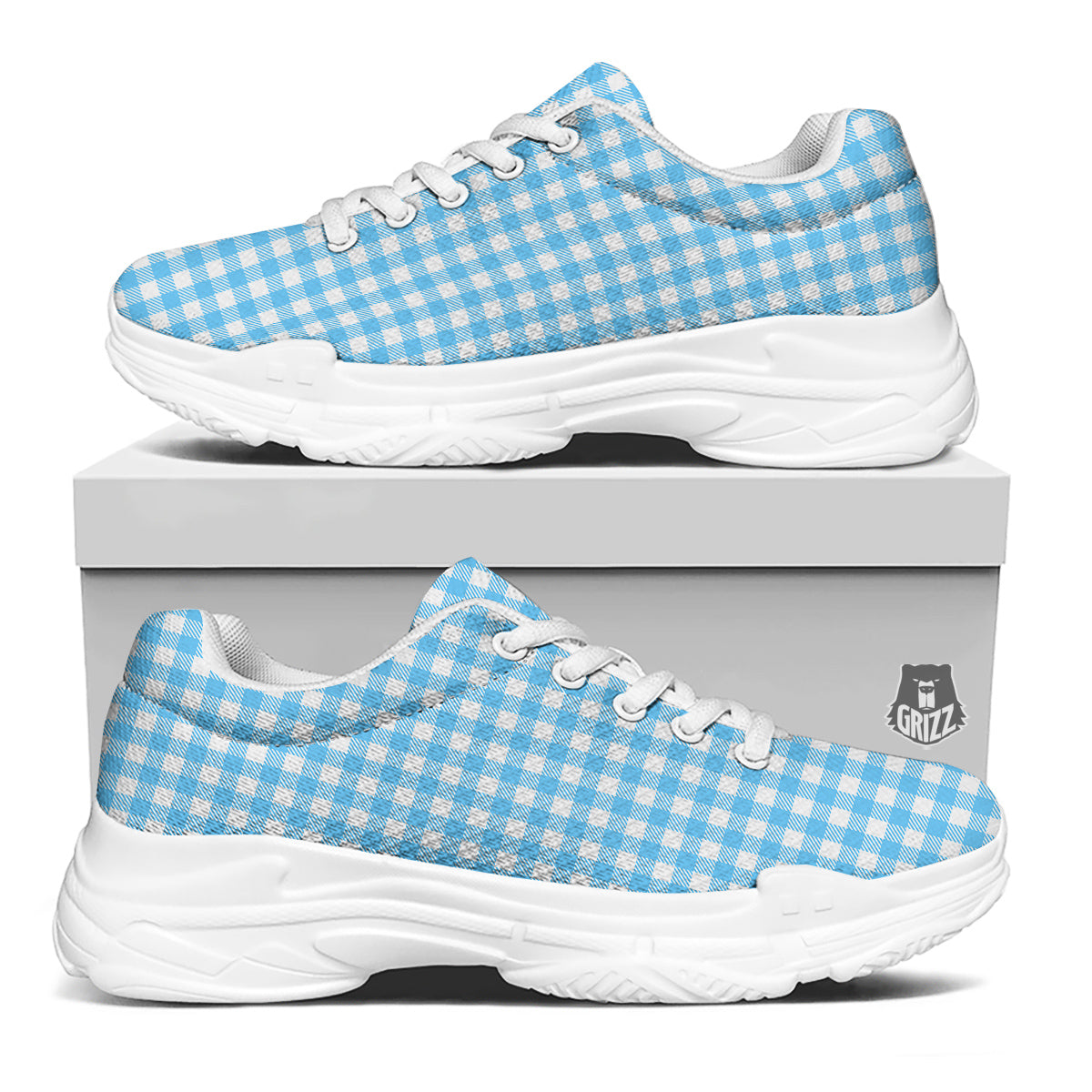 Blue Cyan And White Gingham Print White Chunky Shoes-grizzshop