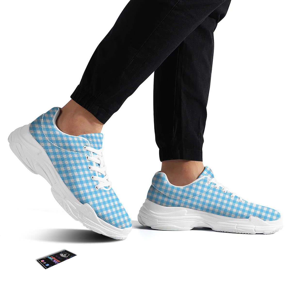 Blue Cyan And White Gingham Print White Chunky Shoes-grizzshop