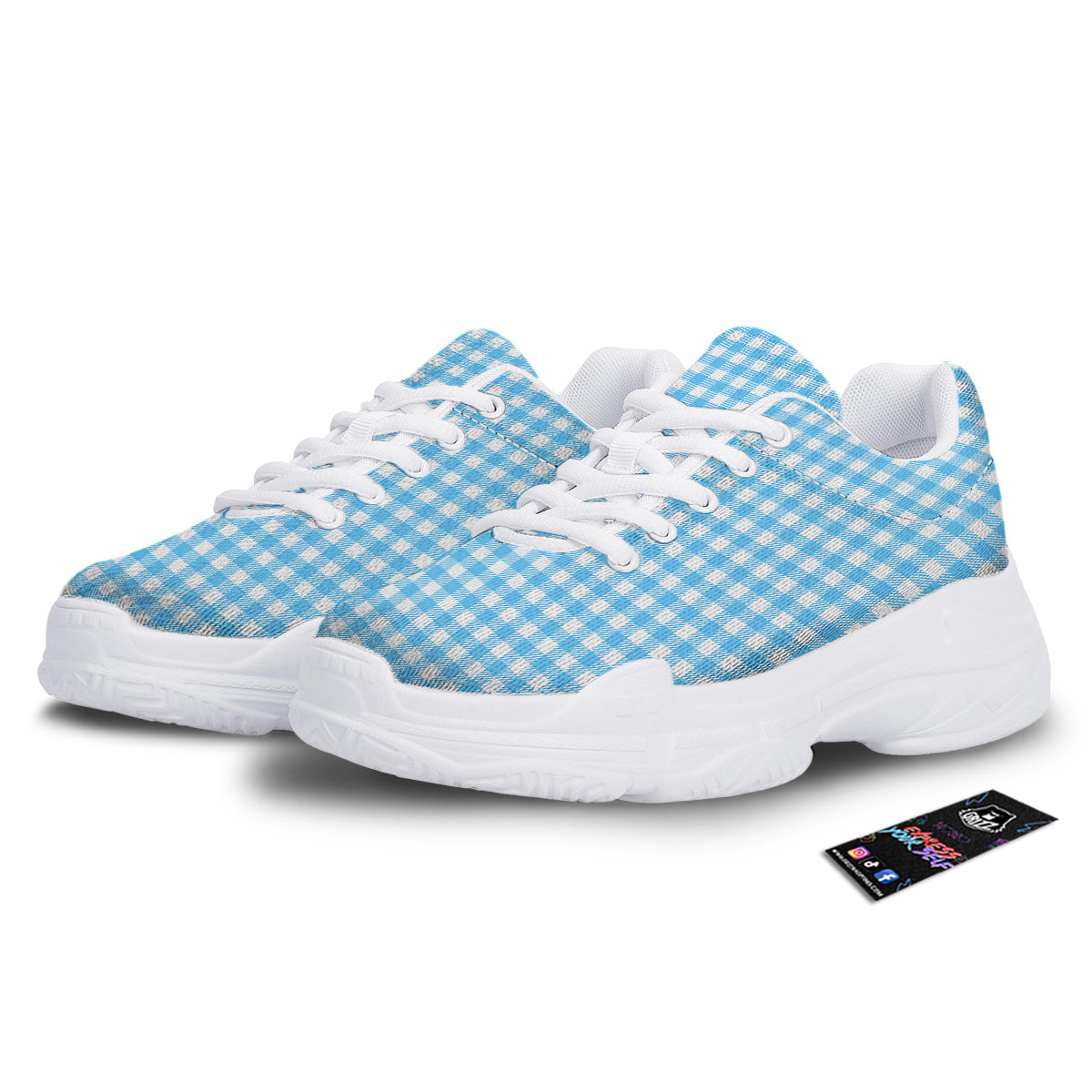 Blue Cyan And White Gingham Print White Chunky Shoes-grizzshop