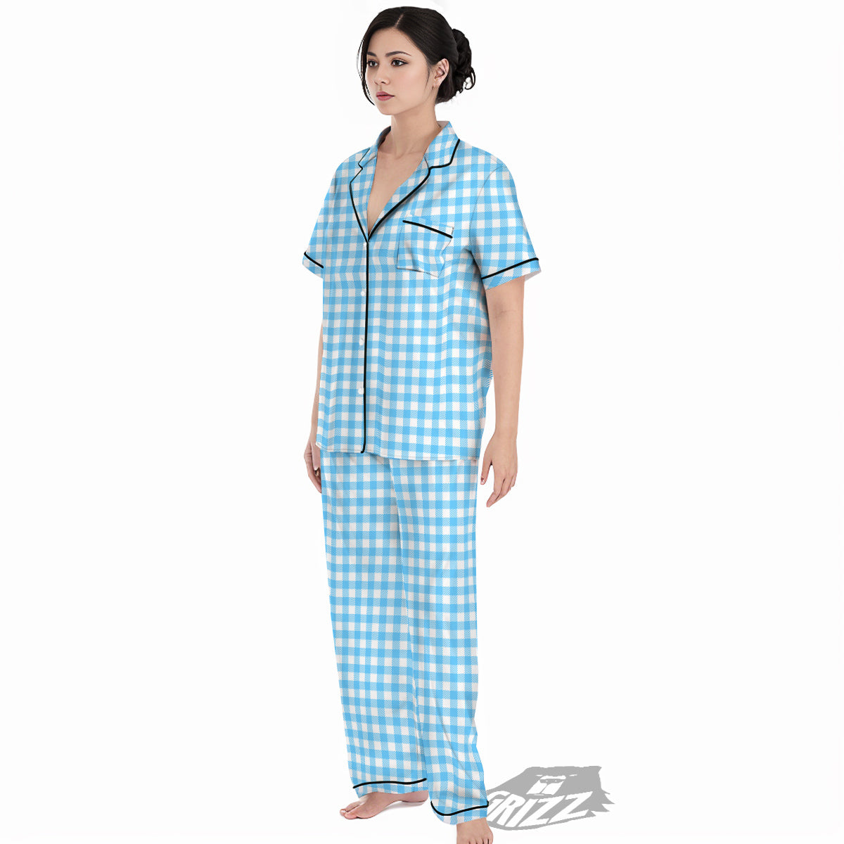 Blue Cyan And White Gingham Print Women's Pajamas Set-grizzshop