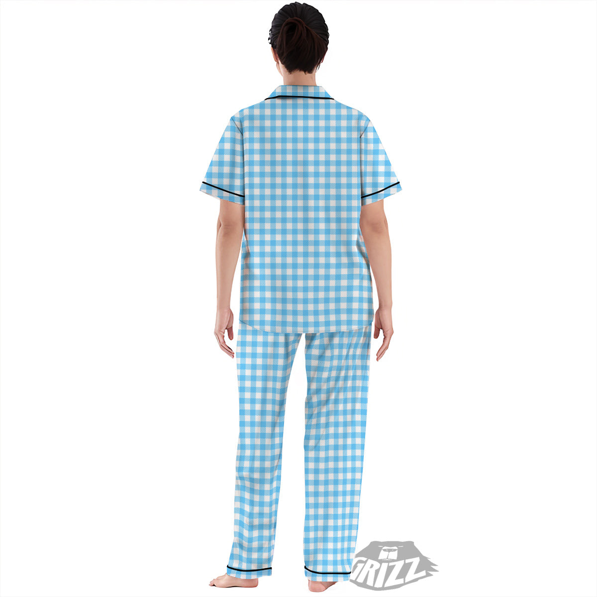 Blue Cyan And White Gingham Print Women's Pajamas Set-grizzshop
