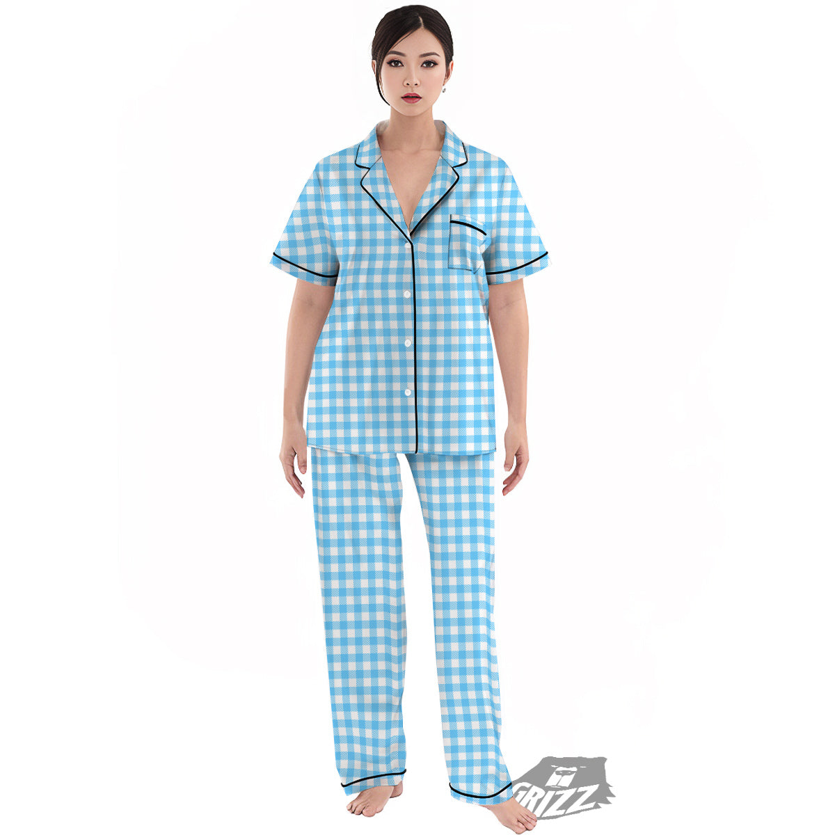 Blue Cyan And White Gingham Print Women's Pajamas Set-grizzshop