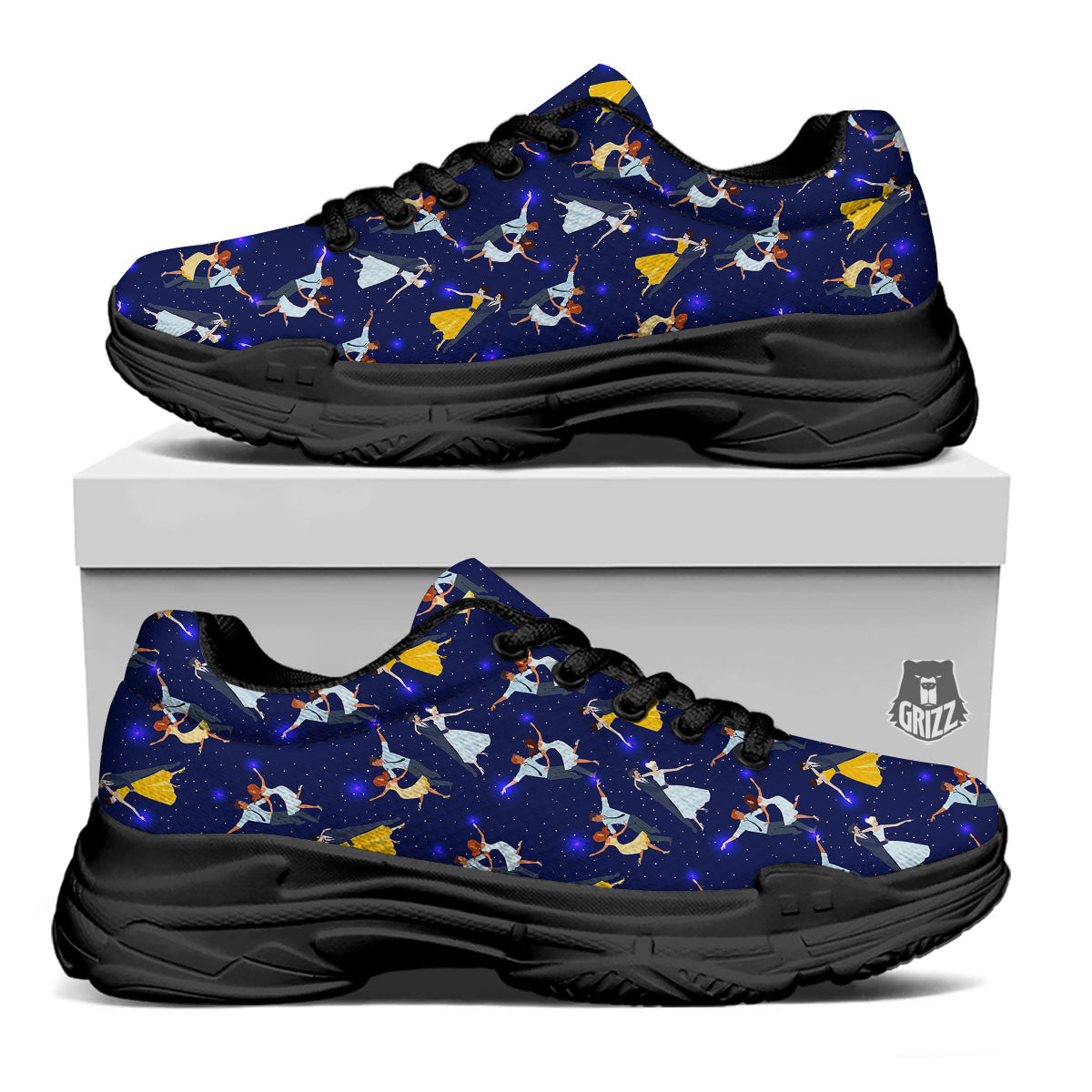 Blue Dancer Print Pattern Black Chunky Shoes-grizzshop