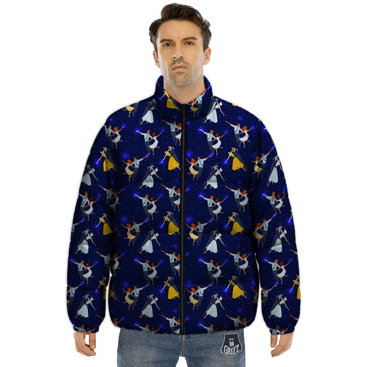 Blue Dancer Print Pattern Puffer Jacket-grizzshop