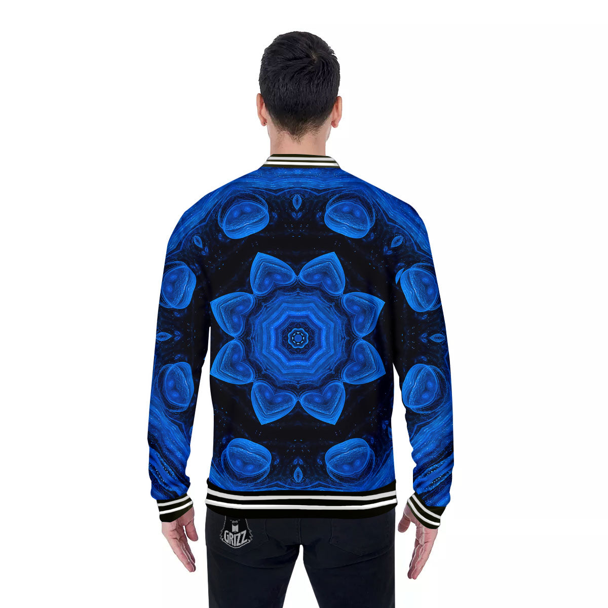 Blue Dark Kaleidoscope Print Baseball Jacket-grizzshop
