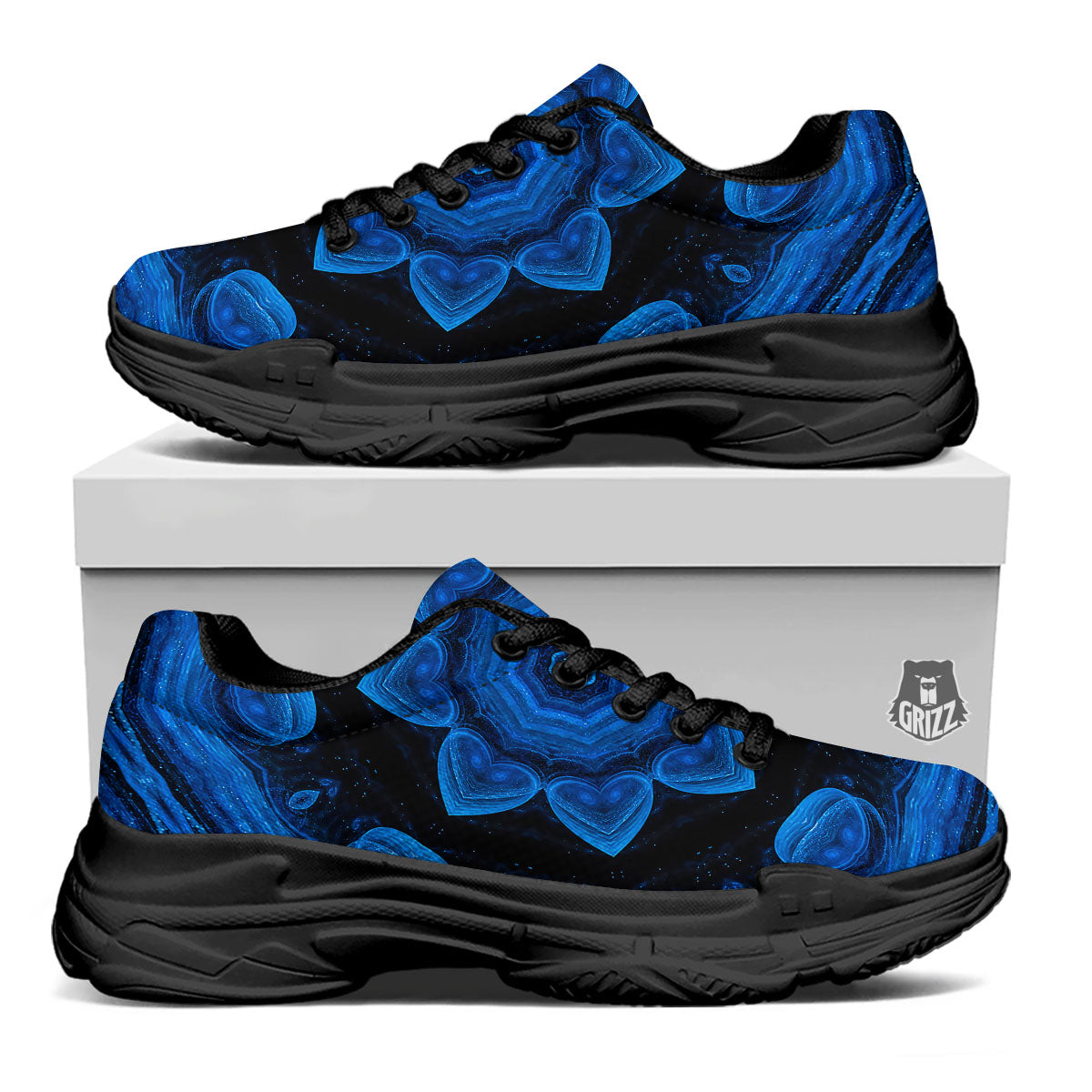 Blue Dark Kaleidoscope Print Black Chunky Shoes-grizzshop