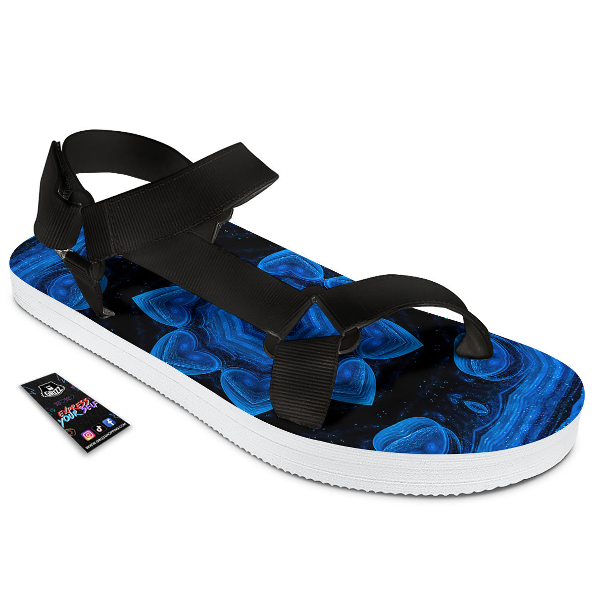 Blue Dark Kaleidoscope Print Black Open Toe Sandals-grizzshop