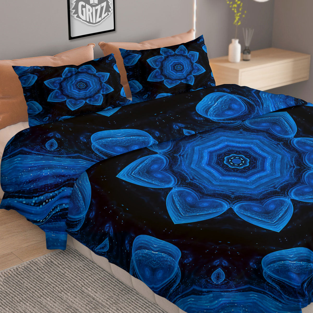 Blue Dark Kaleidoscope Print Duvet Cover Bedding Set
