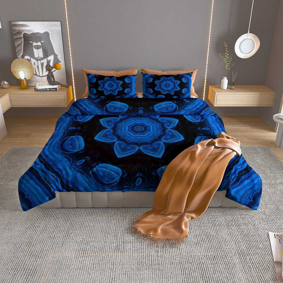 Blue Dark Kaleidoscope Print Duvet Cover Bedding Set