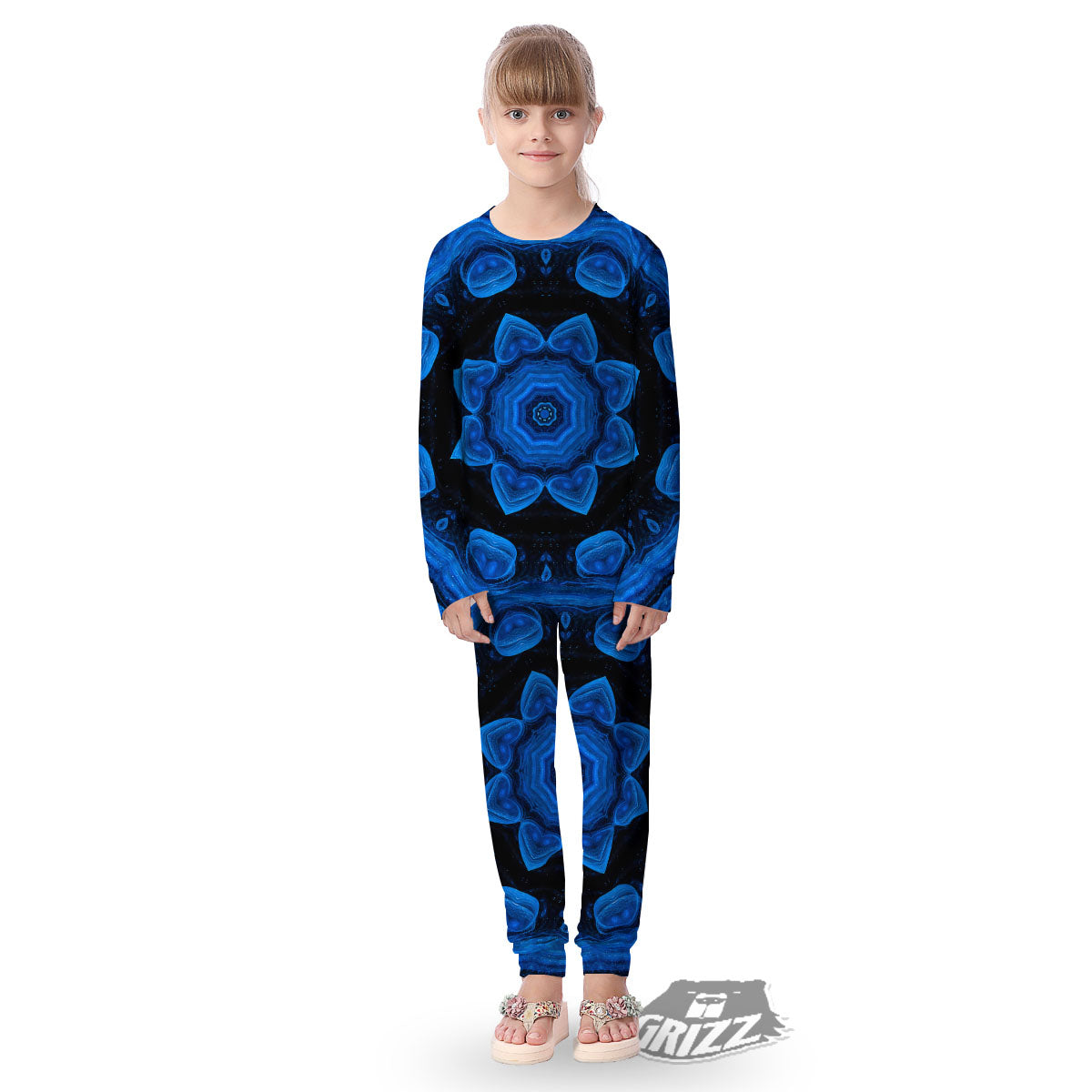 Blue Dark Kaleidoscope Print Kid's Pajamas-grizzshop