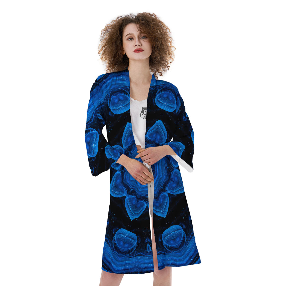 Blue Dark Kaleidoscope Print Kimono-grizzshop
