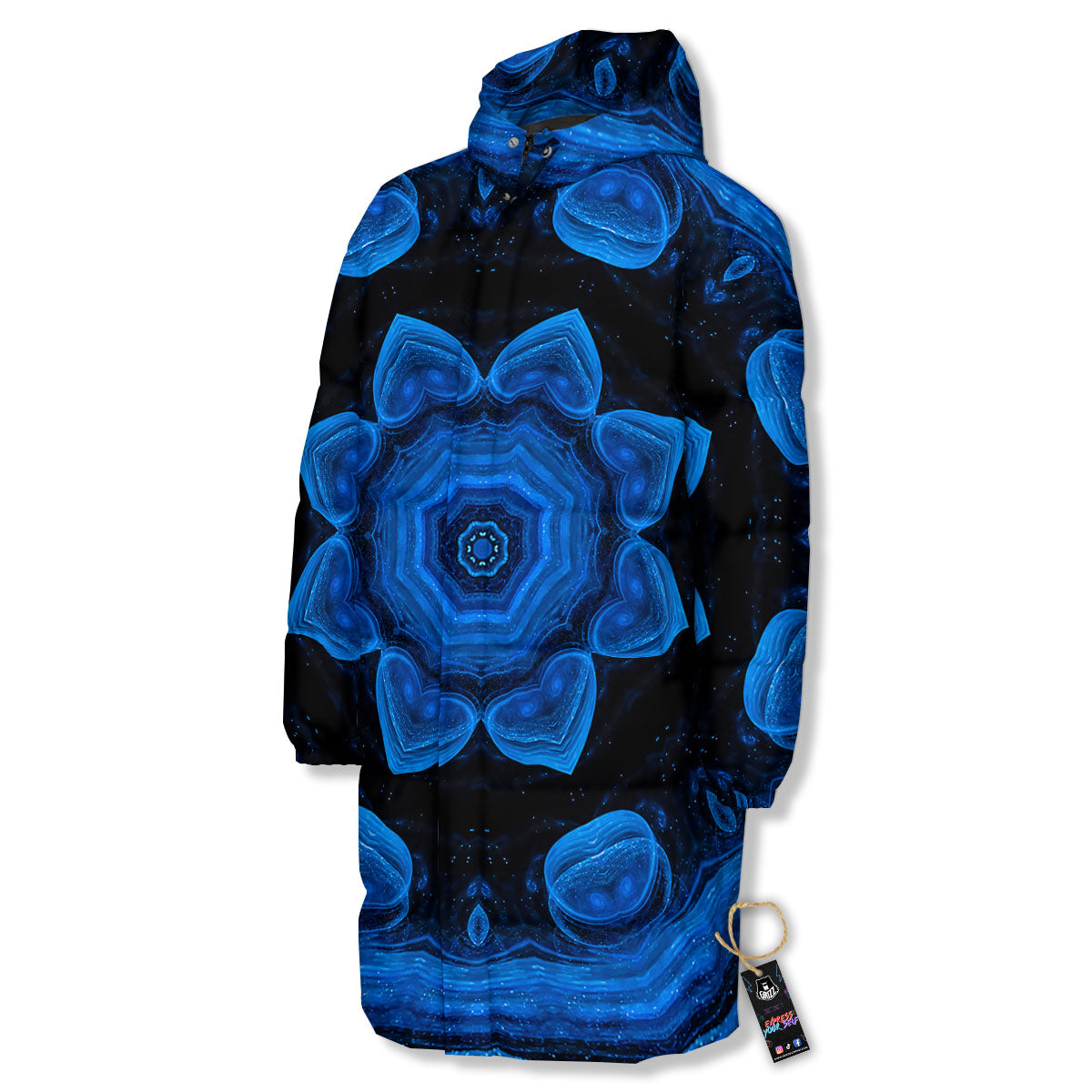 Blue Dark Kaleidoscope Print Long Down Jacket-grizzshop