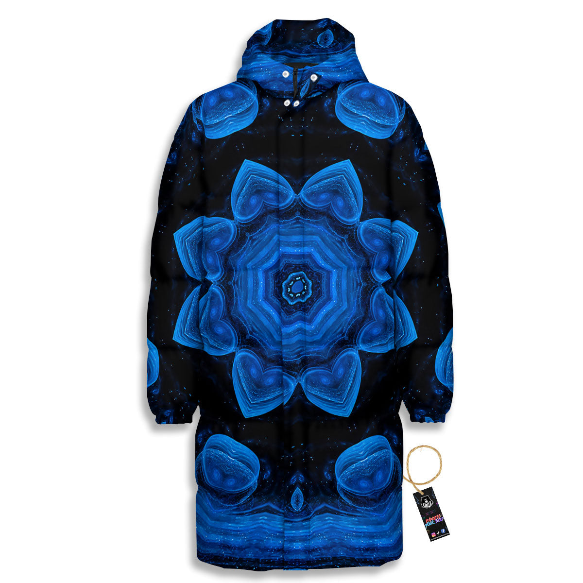 Blue Dark Kaleidoscope Print Long Down Jacket-grizzshop