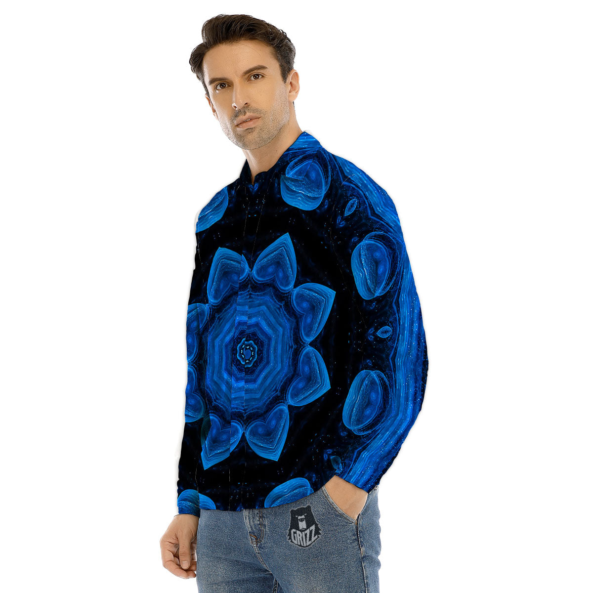 Blue Dark Kaleidoscope Print Men's Dress Shirts-grizzshop