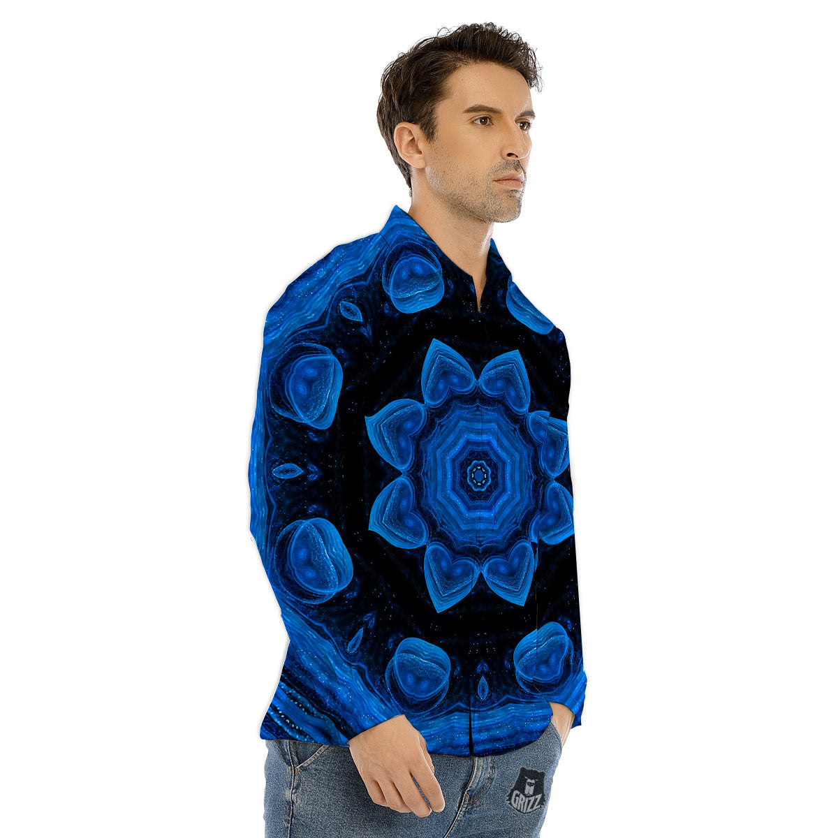 Blue Dark Kaleidoscope Print Men's Dress Shirts-grizzshop