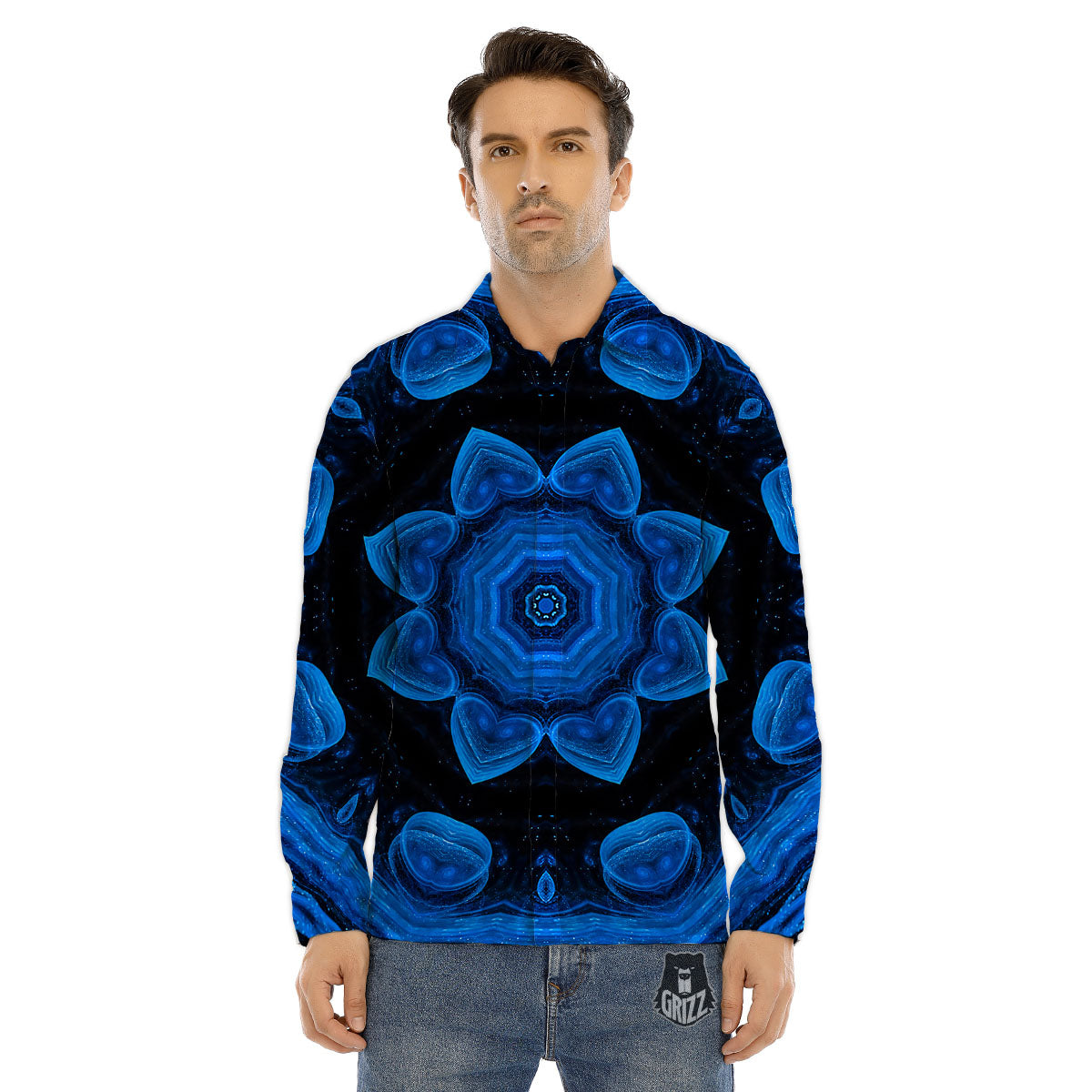 Blue Dark Kaleidoscope Print Men's Dress Shirts-grizzshop