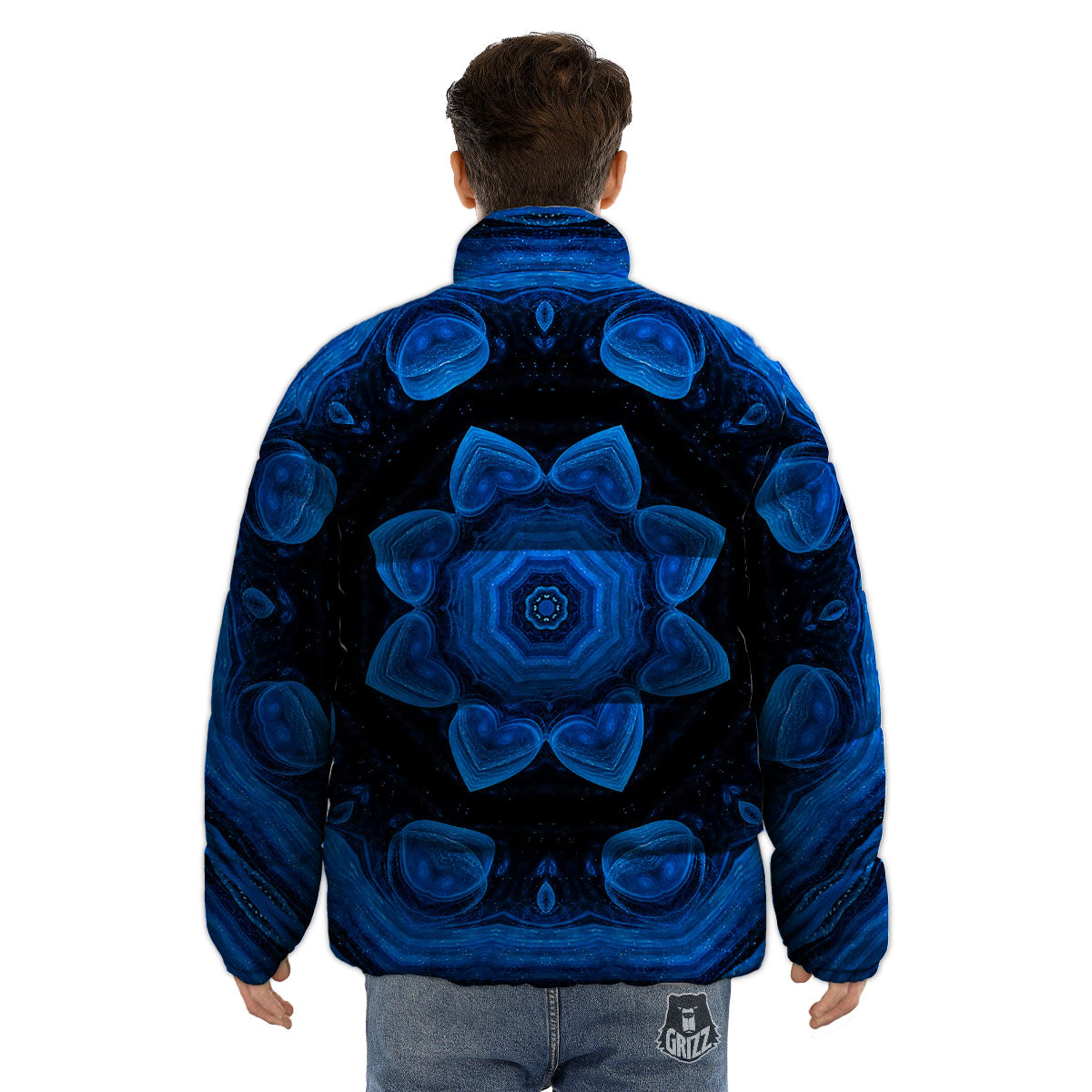 Blue Dark Kaleidoscope Print Puffer Jacket-grizzshop