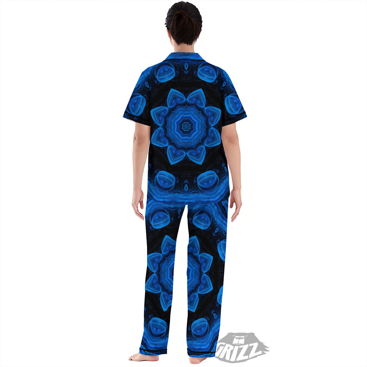 Blue Dark Kaleidoscope Print Women's Pajamas Set-grizzshop