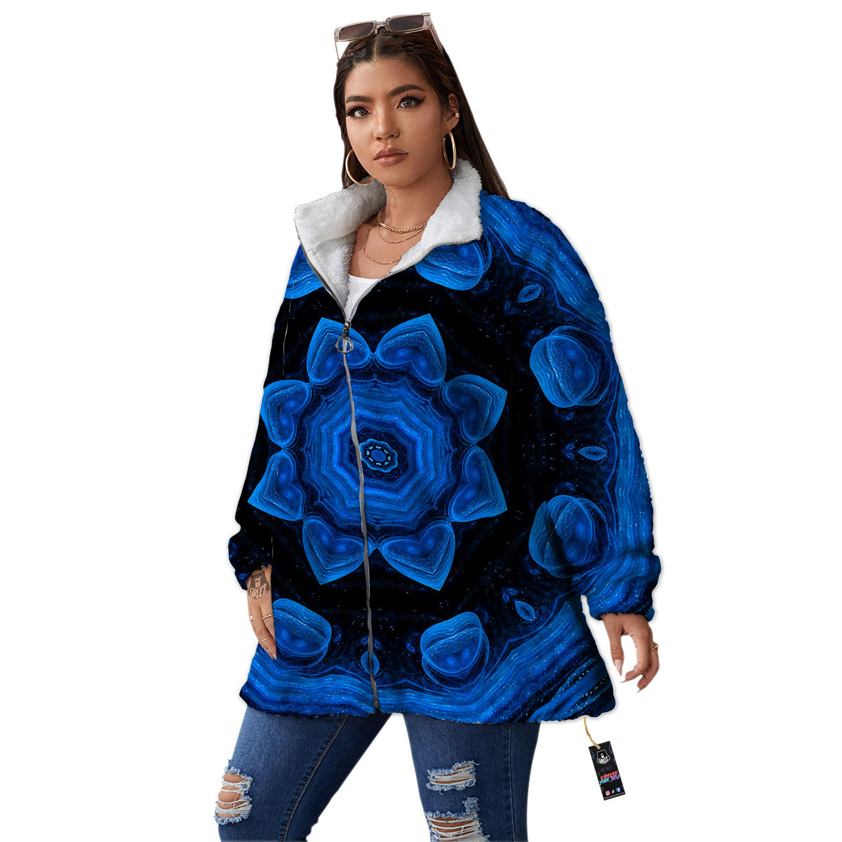 Blue Dark Kaleidoscope Print Women's Sherpa Jacket-grizzshop