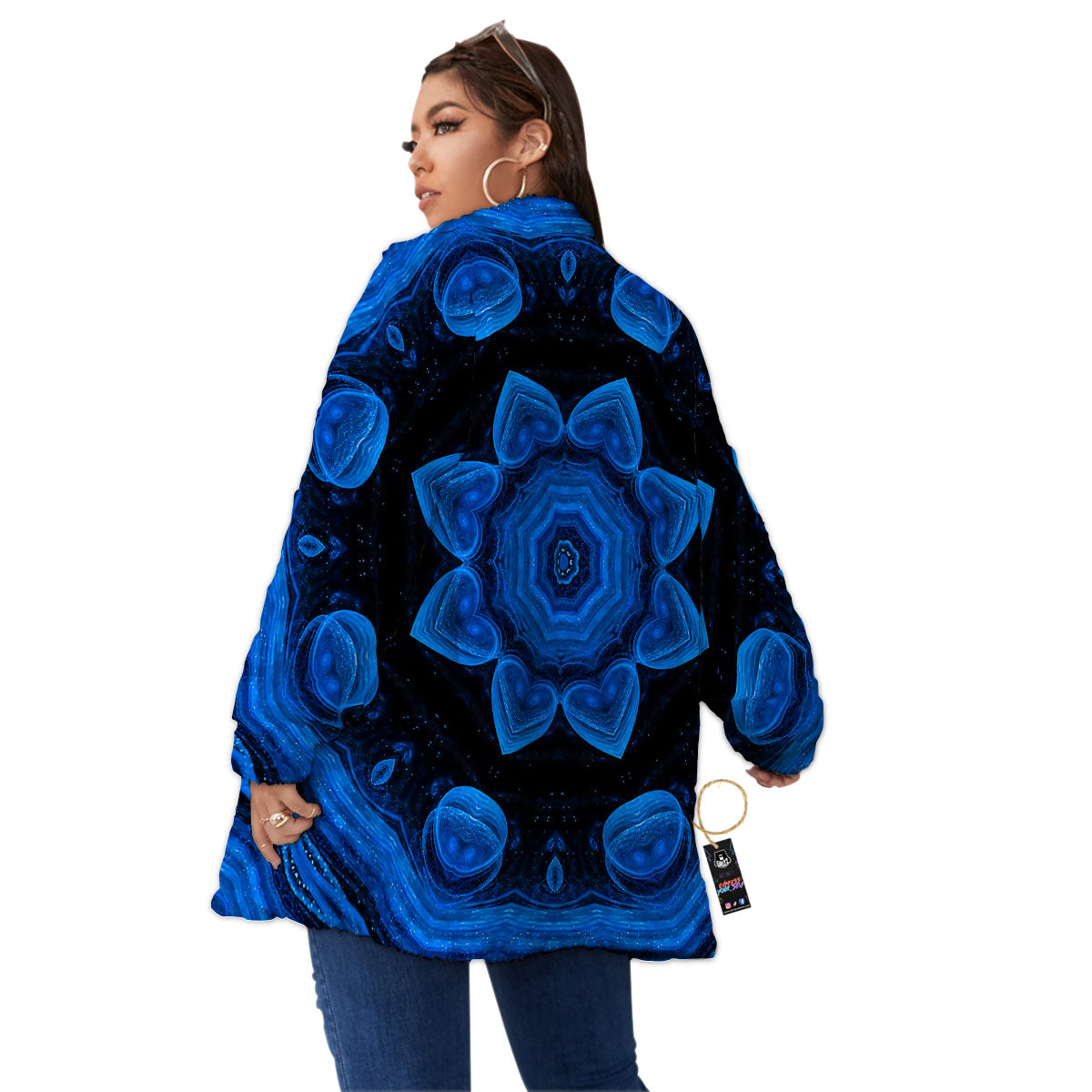 Blue Dark Kaleidoscope Print Women's Sherpa Jacket-grizzshop