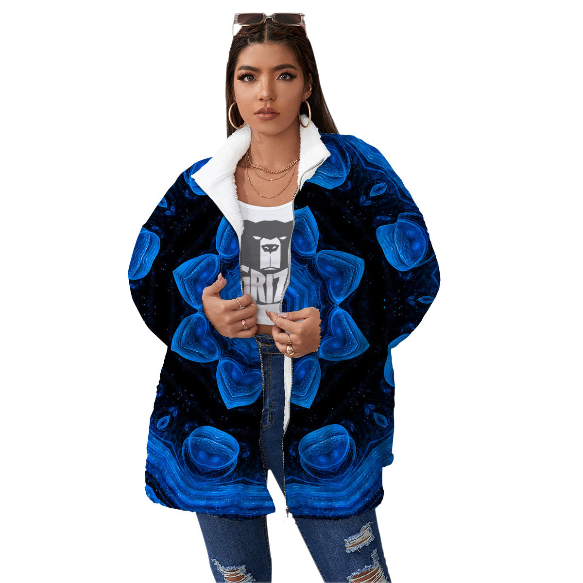 Blue Dark Kaleidoscope Print Women's Sherpa Jacket-grizzshop