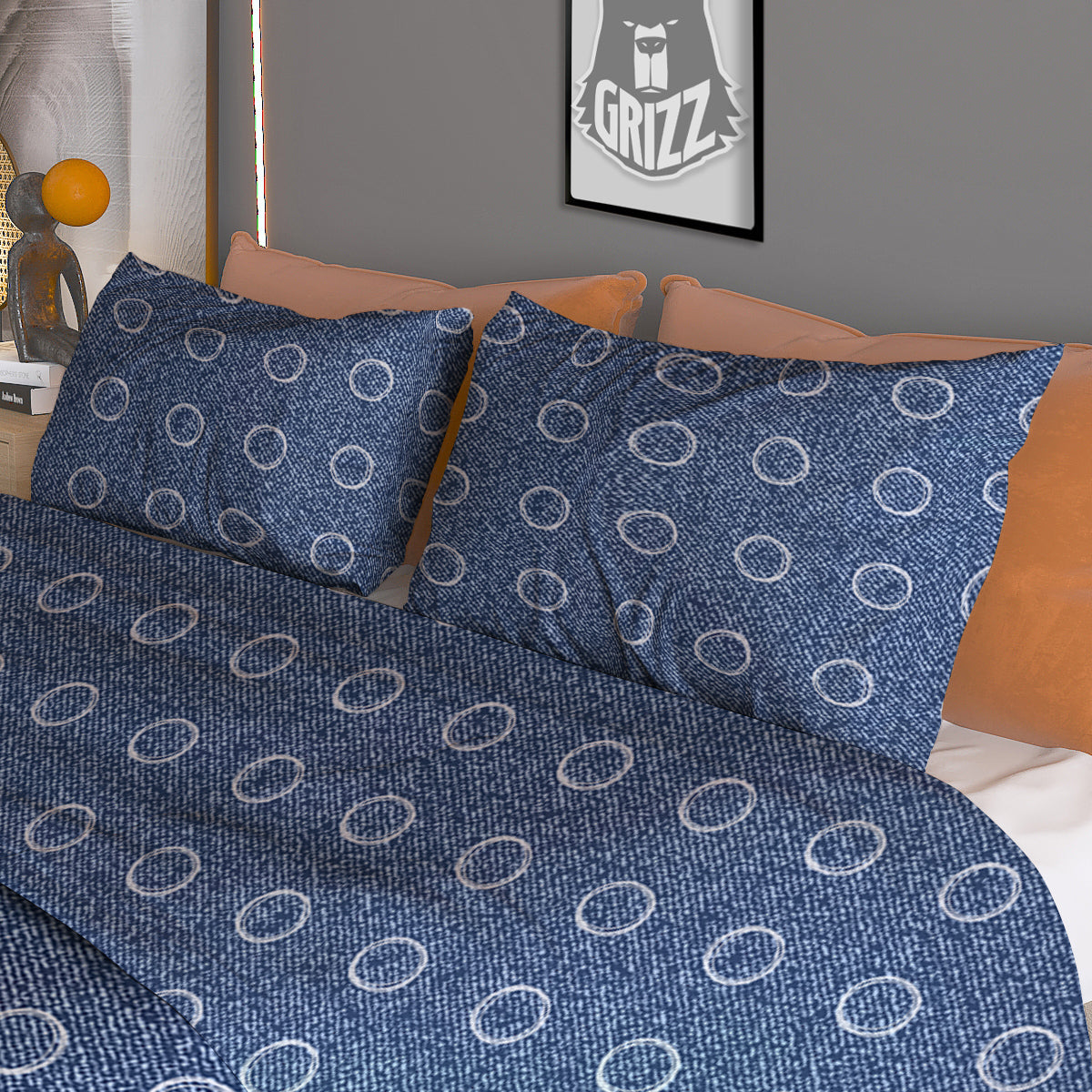 Blue Denim Jeans Polka Dot Print Pattern Duvet Cover Bedding Set