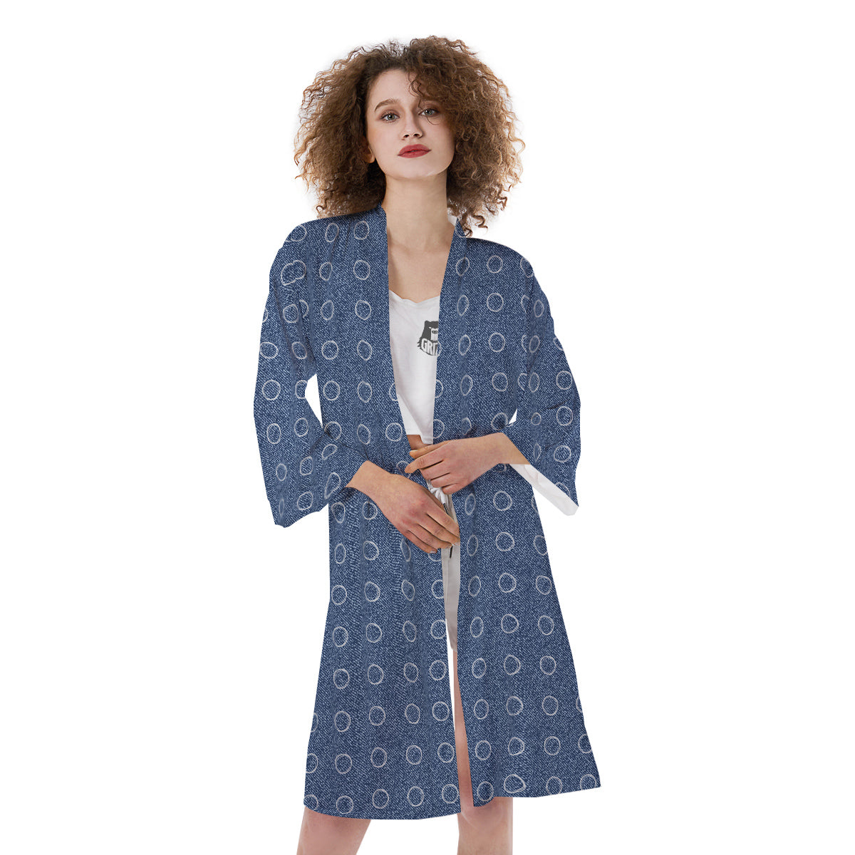Blue Denim Jeans Polka Dot Print Pattern Kimono-grizzshop
