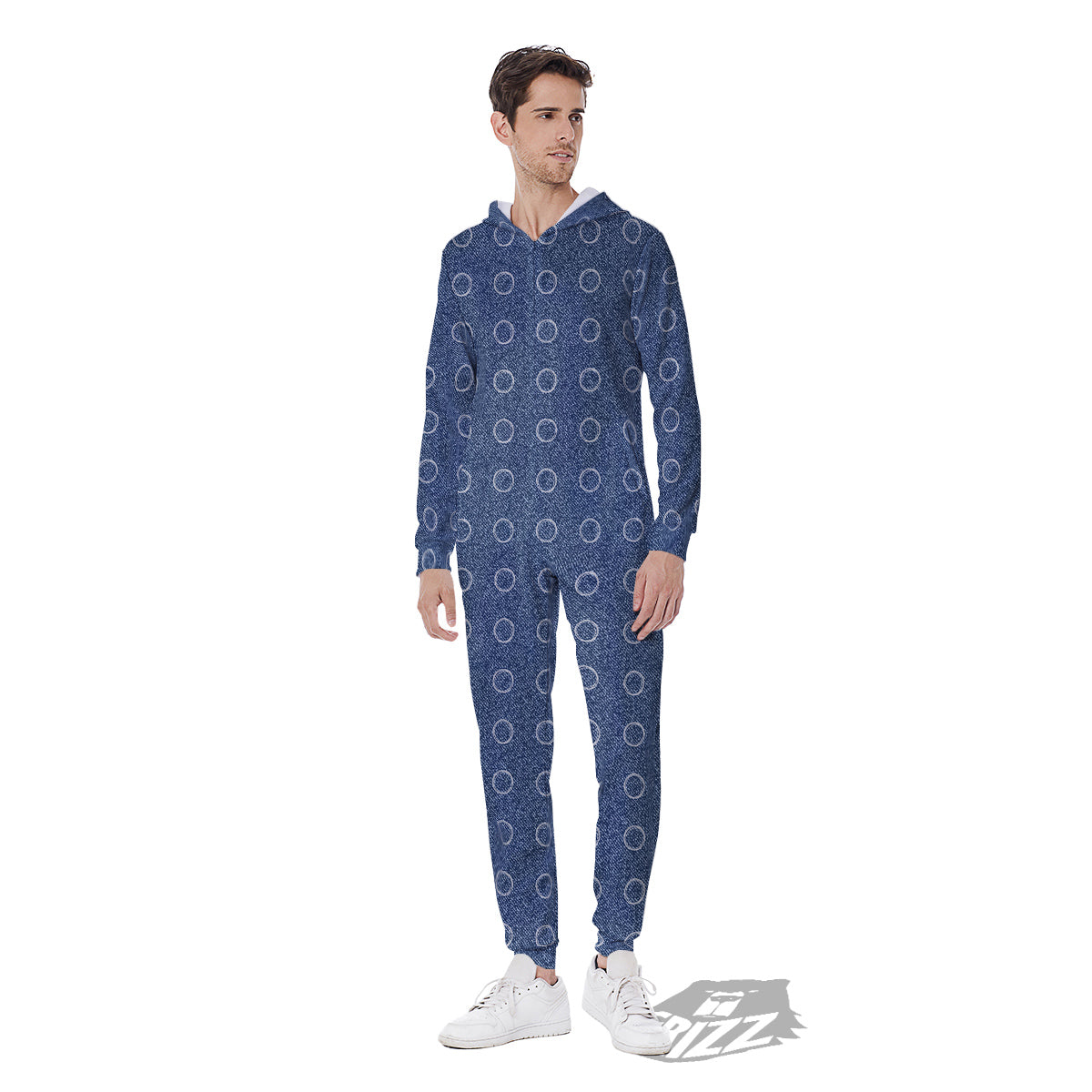 Blue Denim Jeans Polka Dot Print Pattern Men's Jumpsuit-grizzshop