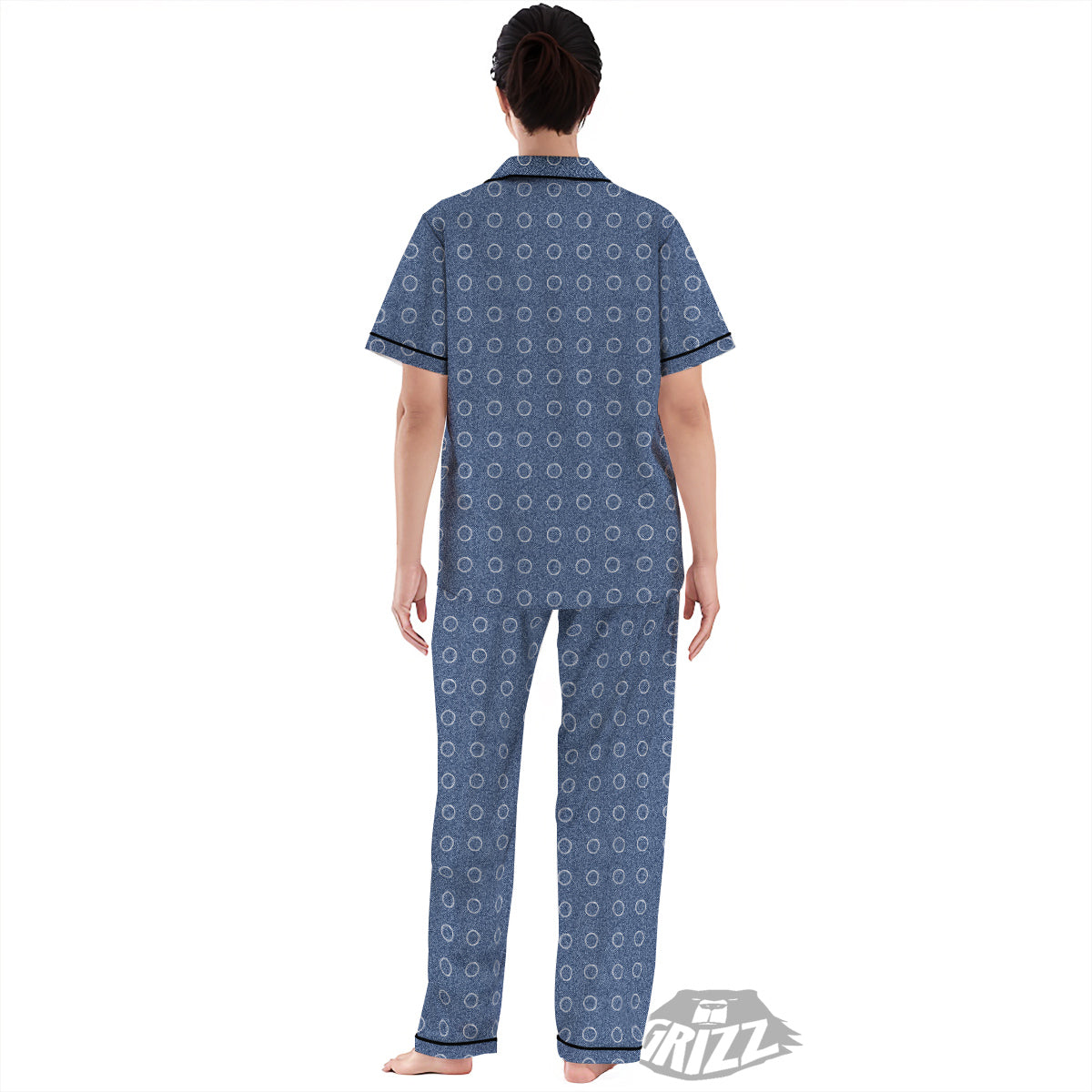 Blue Denim Jeans Polka Dot Print Pattern Women's Pajamas Set-grizzshop
