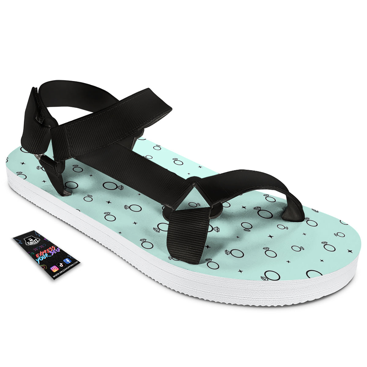 Blue Diamond Ring Print Pattern Black Open Toe Sandals-grizzshop