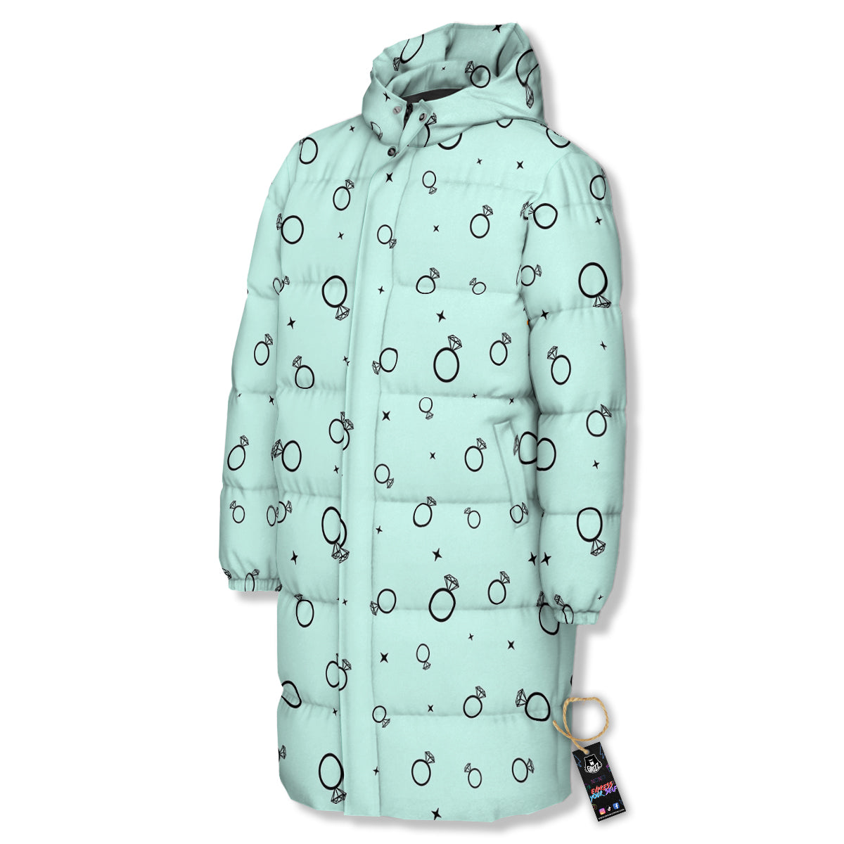 Blue Diamond Ring Print Pattern Long Down Jacket-grizzshop