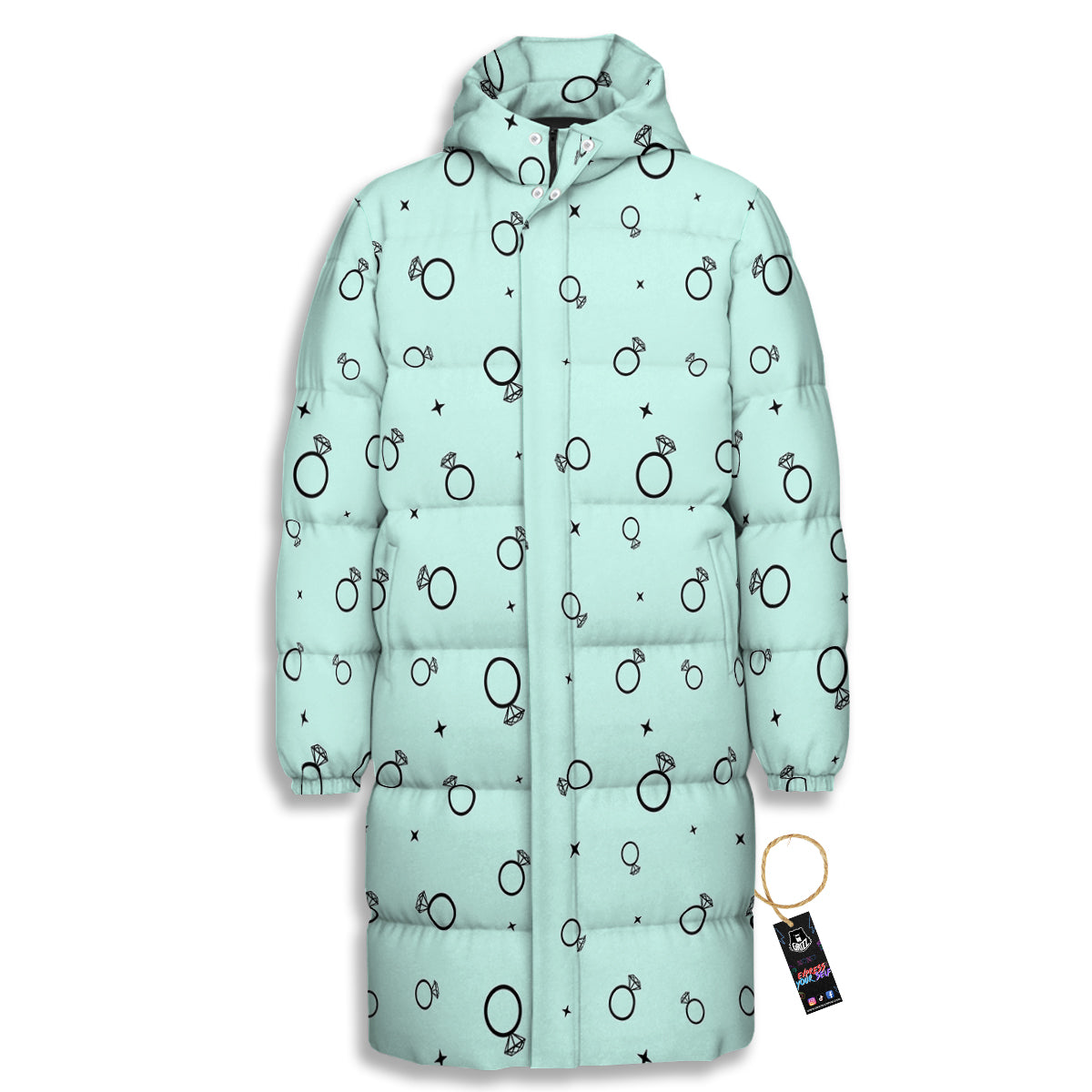 Blue Diamond Ring Print Pattern Long Down Jacket-grizzshop