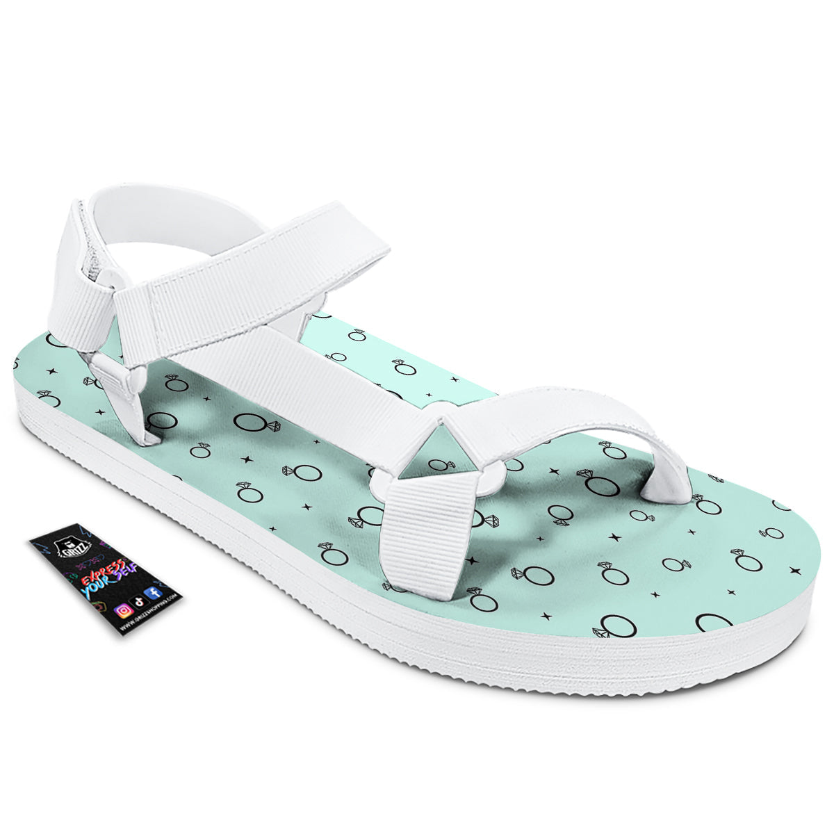 Blue Diamond Ring Print Pattern White Open Toe Sandals-grizzshop