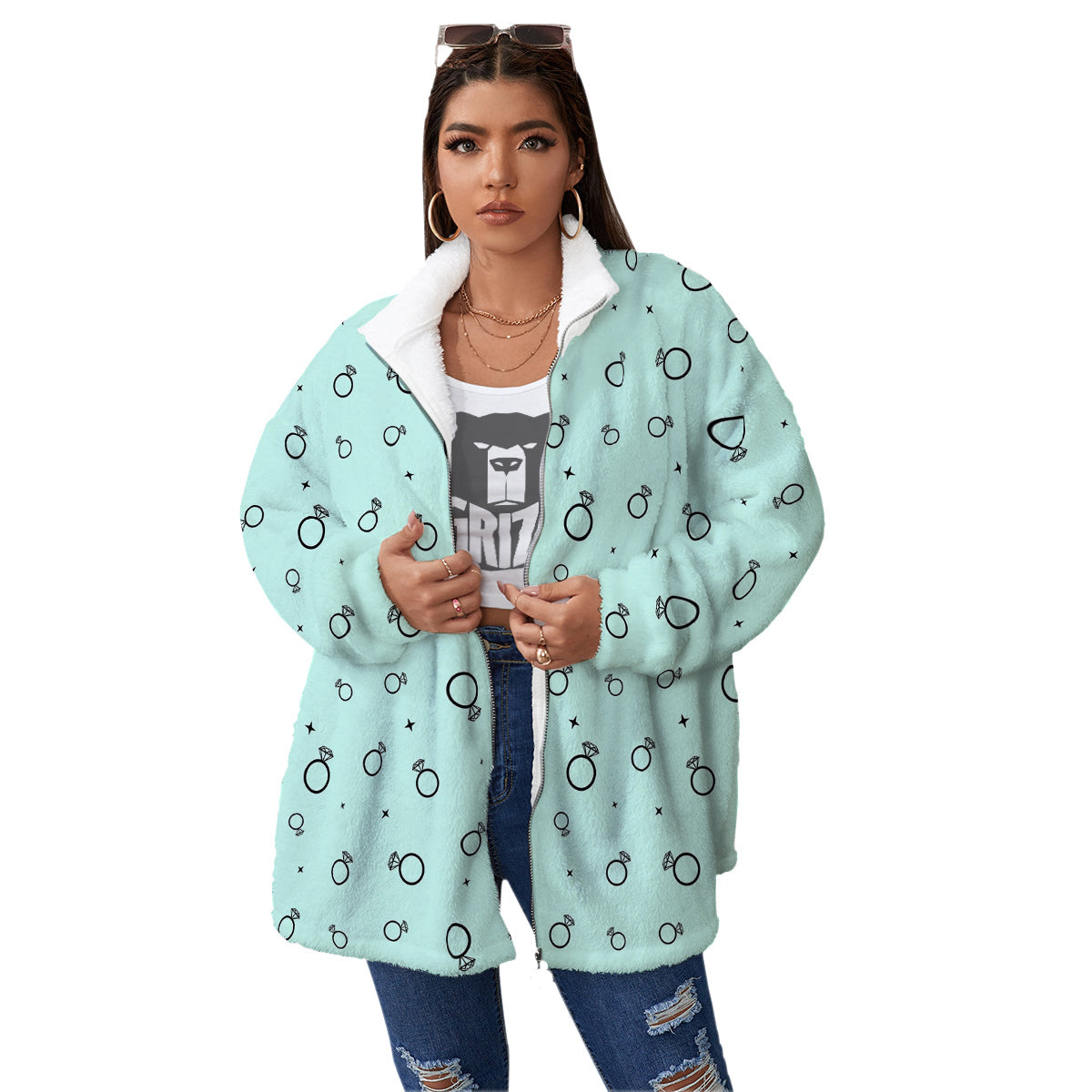 Blue Diamond Ring Print Pattern Women's Sherpa Jacket-grizzshop