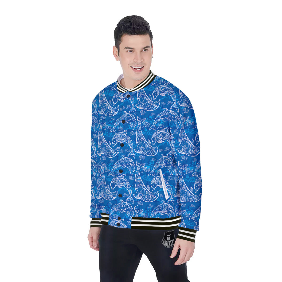 Blue Dolphins Ethnic Print Pattern Baseball Jacket-grizzshop