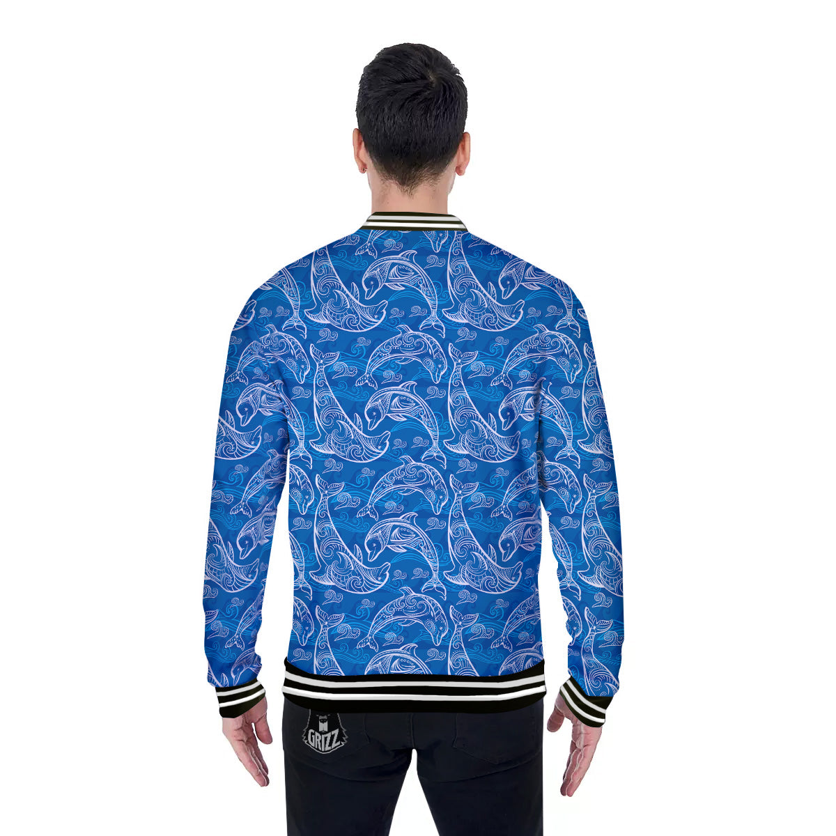 Blue Dolphins Ethnic Print Pattern Baseball Jacket-grizzshop