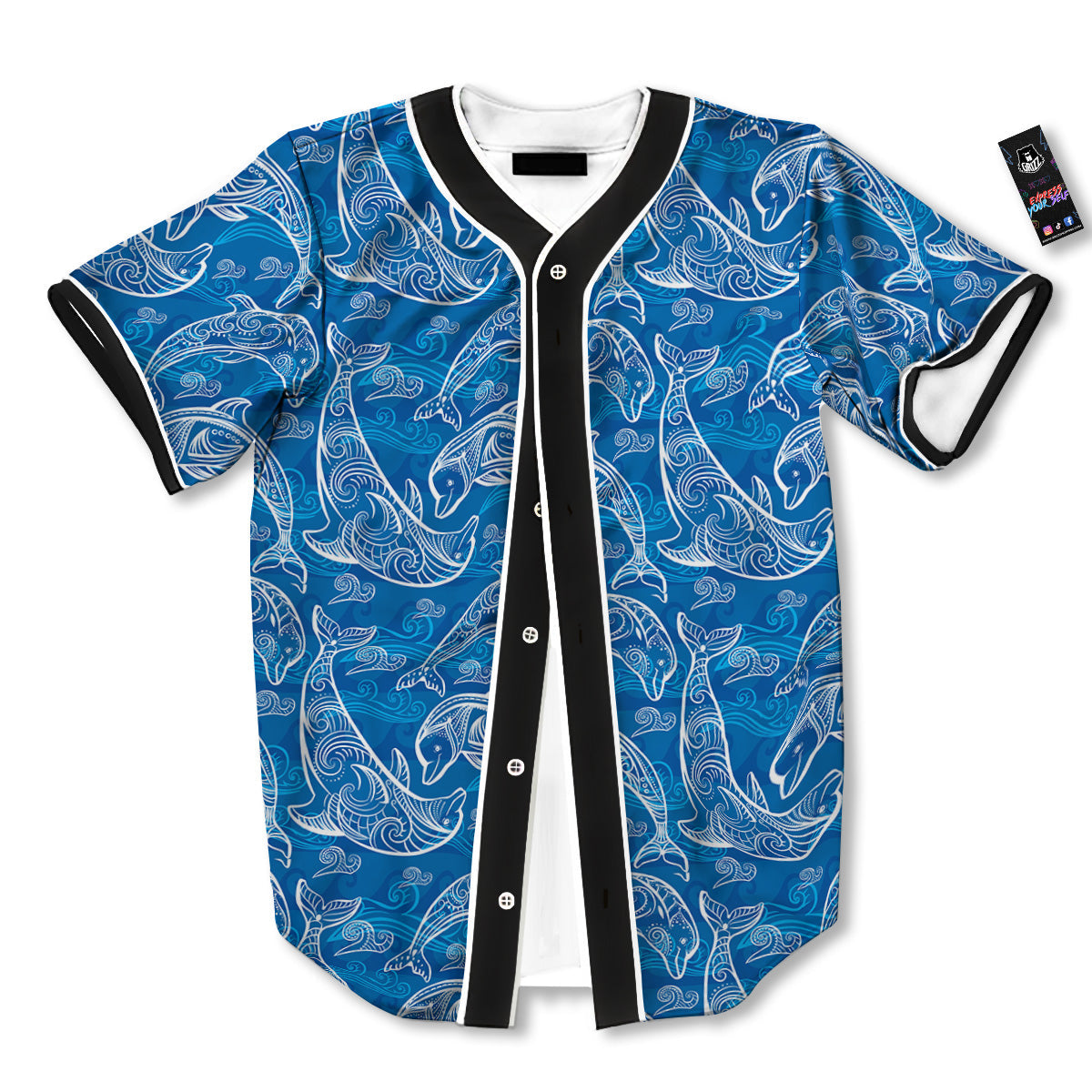 Blue Dolphins Ethnic Print Pattern Baseball Jersey-grizzshop