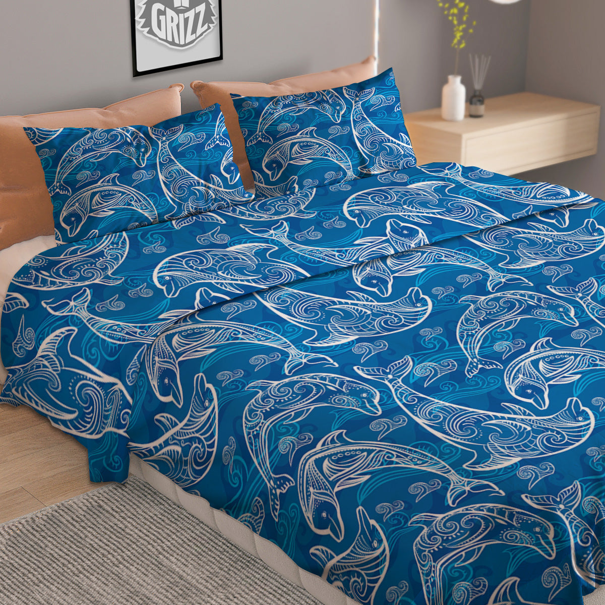 Blue Dolphins Ethnic Print Pattern Duvet Cover Bedding Set