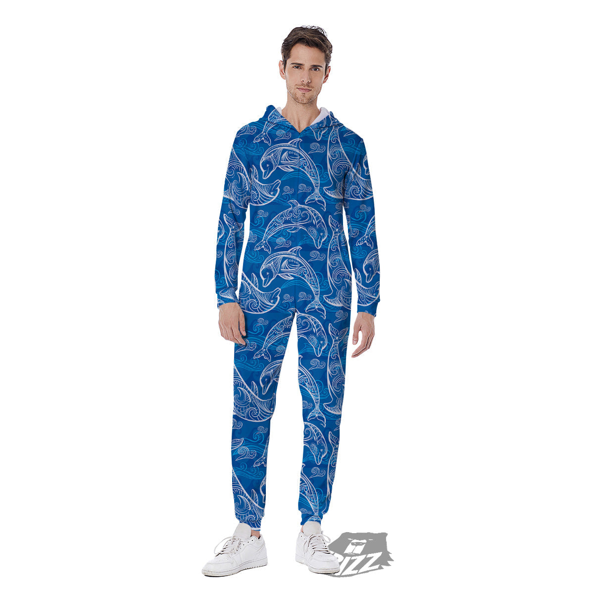 Blue Dolphins Ethnic Print Pattern Men's Jumpsuit-grizzshop